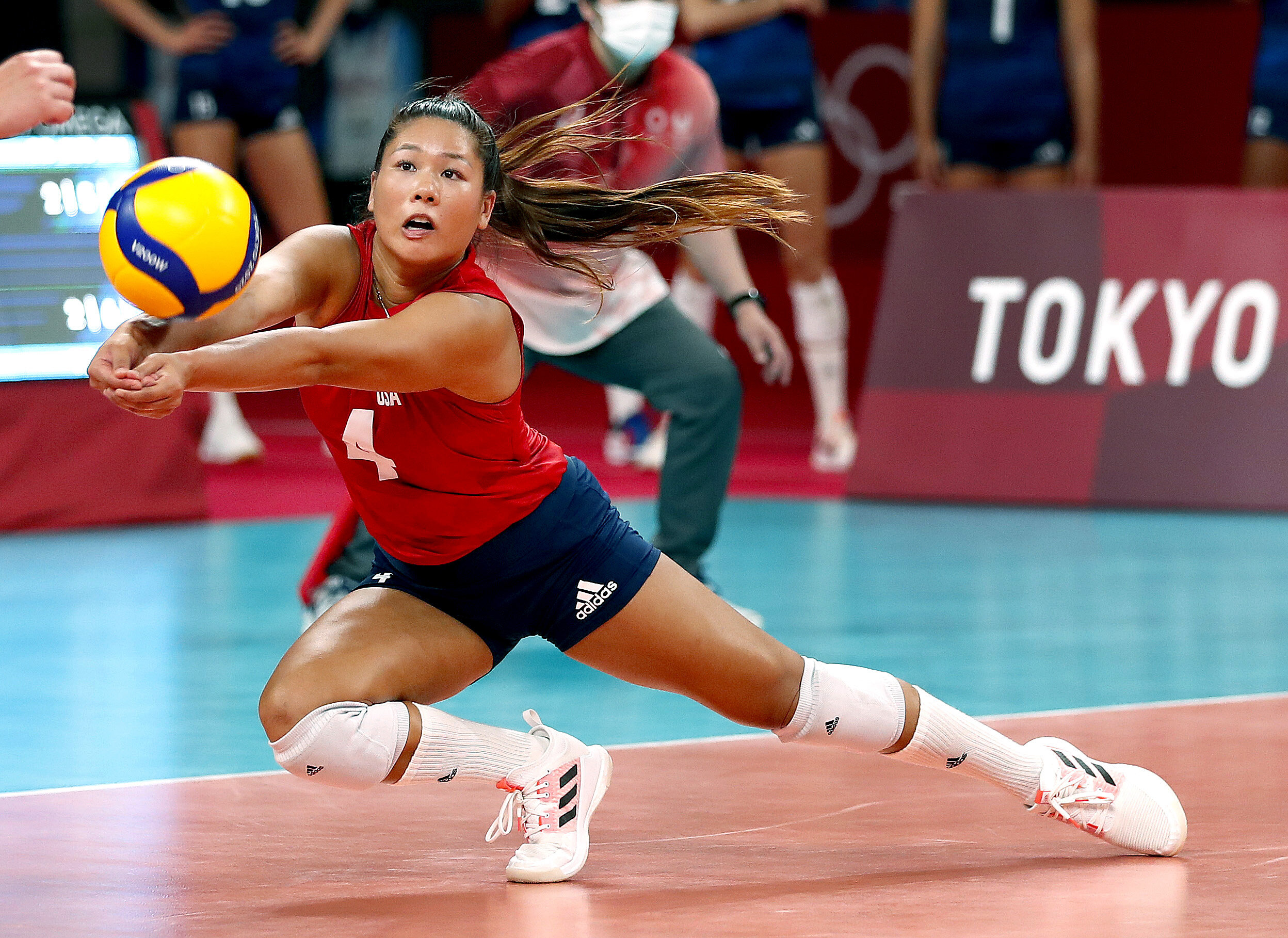  U.S. volleyball player Justine Wong Orantes returns a serve at the Tokyo Olympics. 