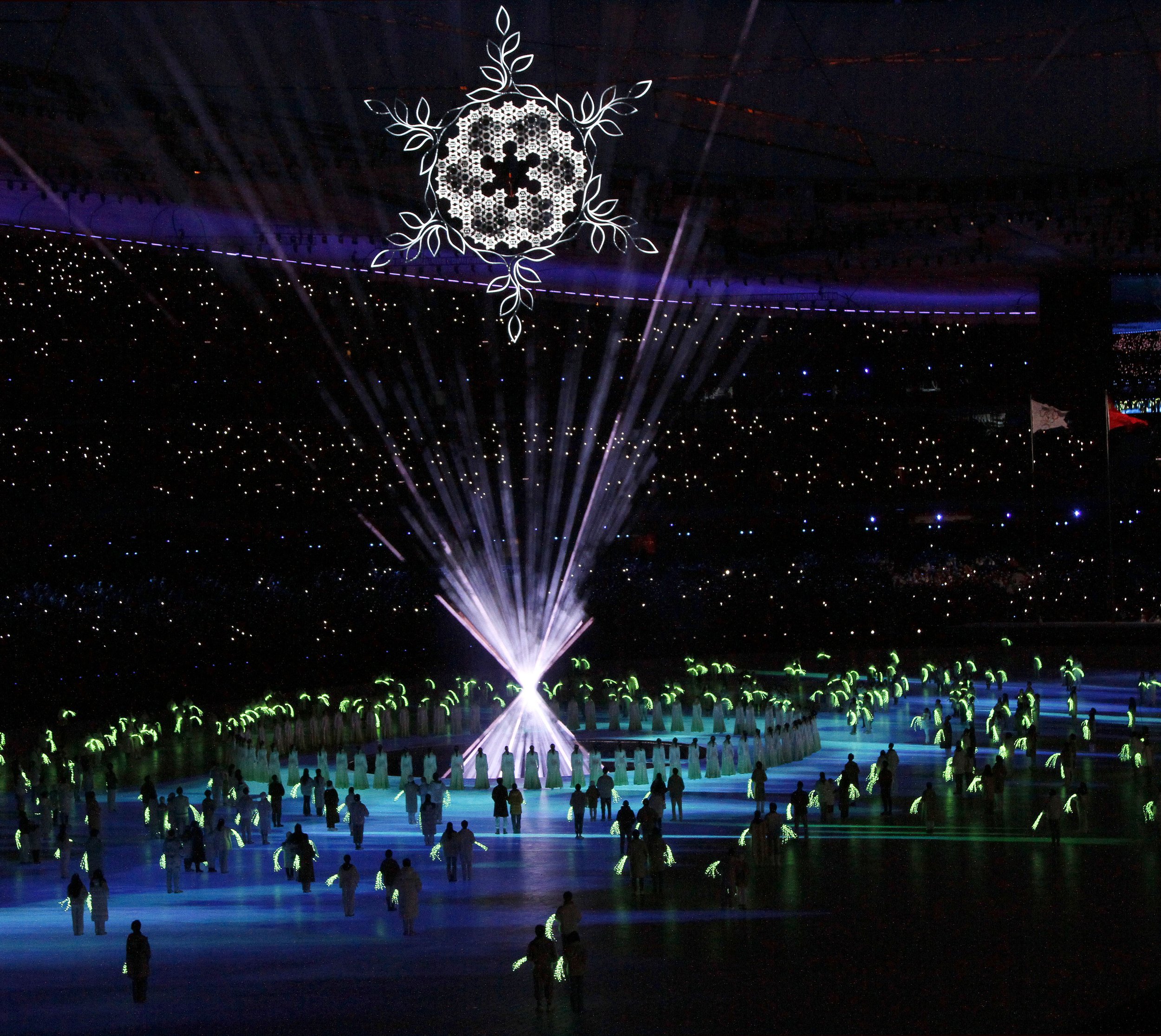  Giant snow flake is illuminated during the closing ceremony at the Beijing 2022 Olympic games. 
