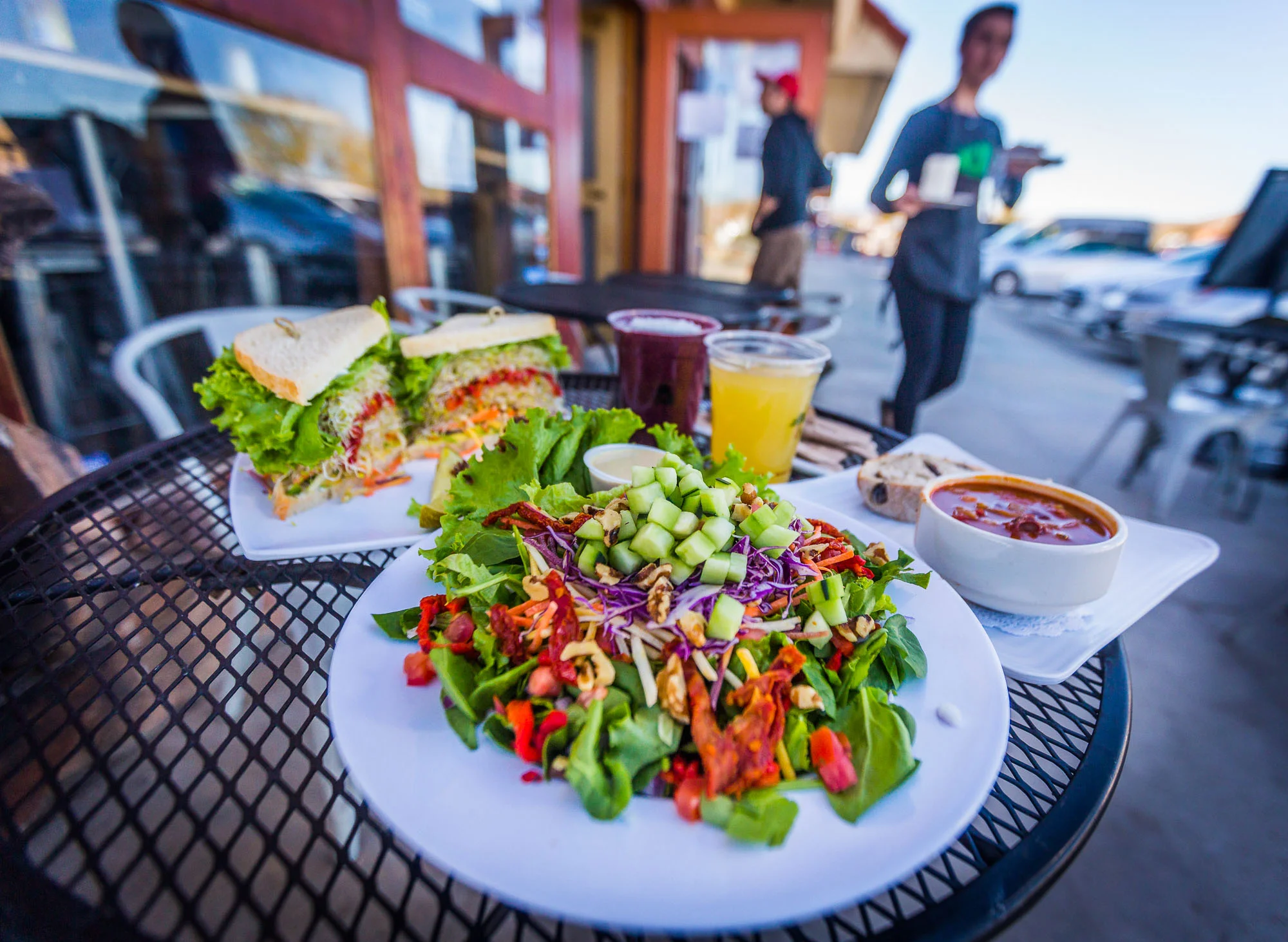 Avocado and Veggie Sandwich. Chop Salad with tahini dressing. Chili and Bean soup. Ginger Kombucha & Blueberry Coconut Smoothie.