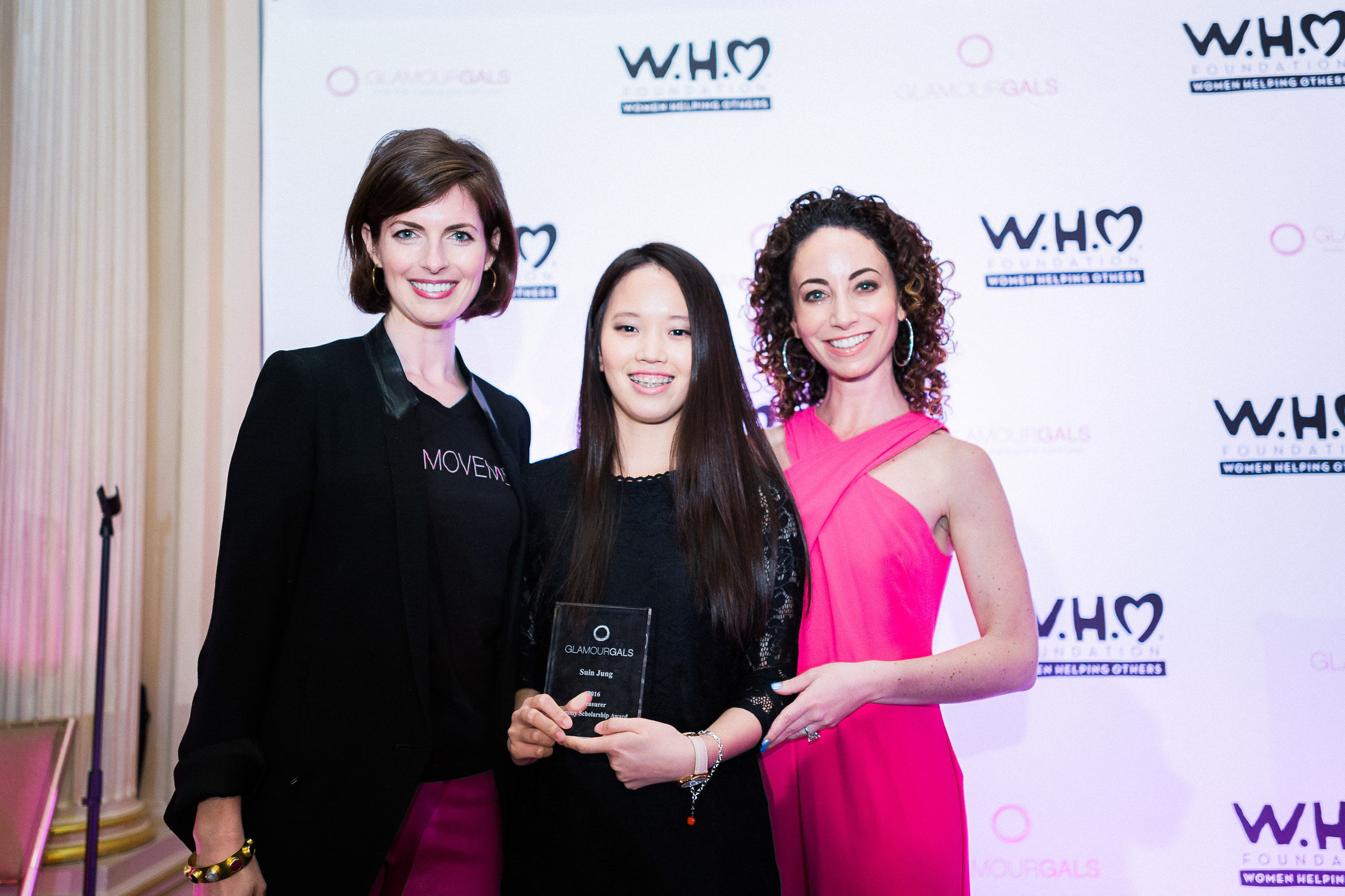 From left: Hot Pink Correspondent Cadden Jones with Suin Jung, a Glammy scholarship winner, and Allegra Cohen.