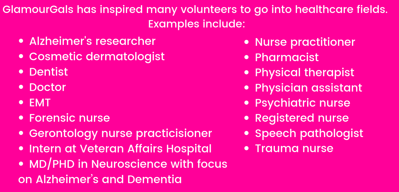GlamourGals has inspired many volunteers to go into healthcare fields. Examples include_.png