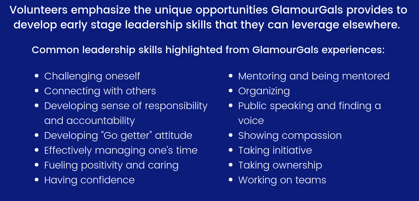 Volunteers emphasize the unique opportunities GlamourGals provides to develop early stage leadership skills that they can leverage elsewhere..png