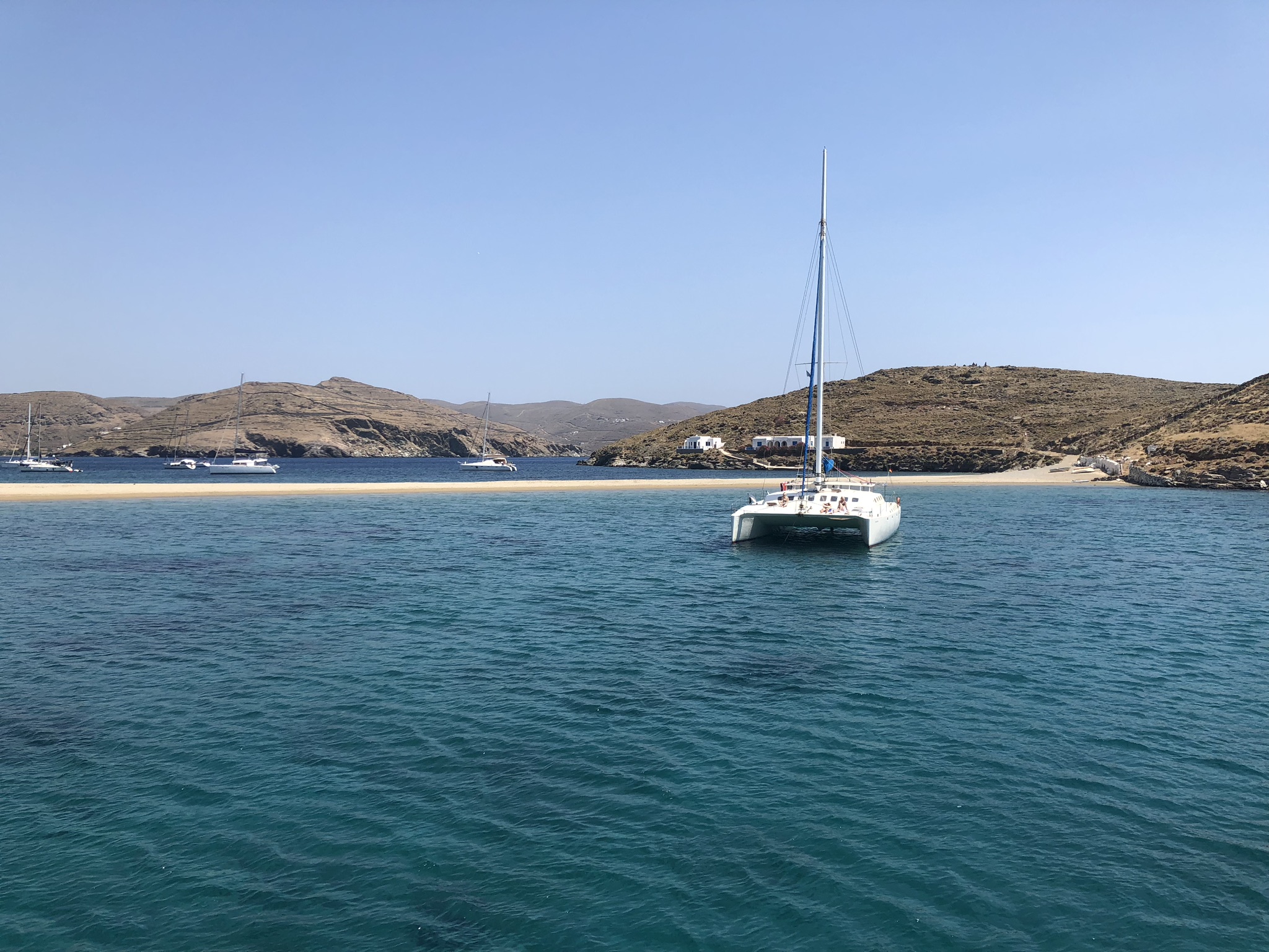 Kythnos - or “mirror island” - was incredible. The sand bar stretches across the bay, dividing the marina into two sections. And leaving a nice beach to swim up to!