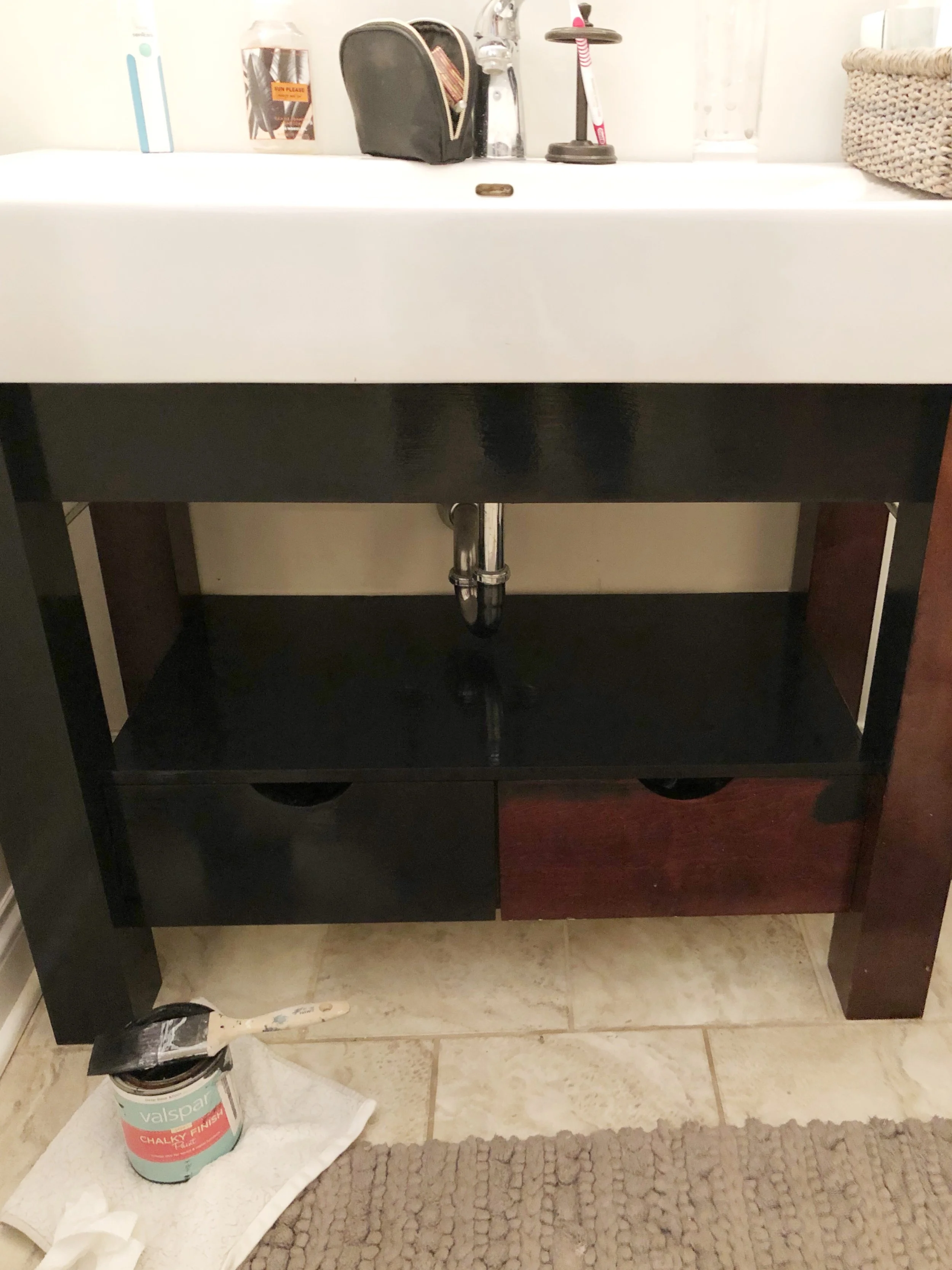 Our vanity, halfway painted with the chalk paint!
