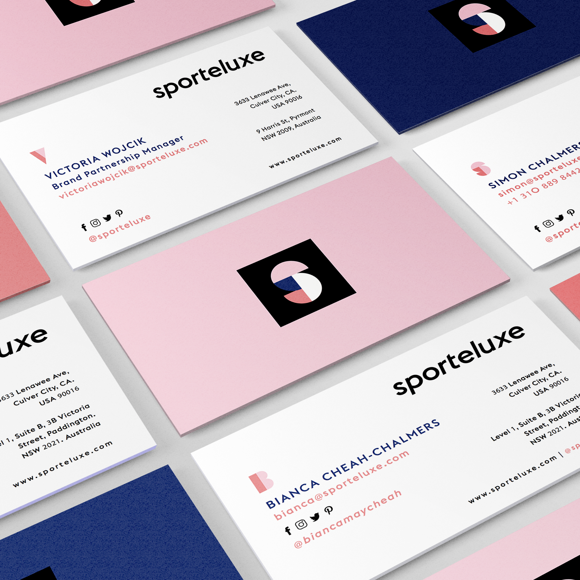 SPORTELUXE Branding & Visual Identity by STUDIOMEROE.com | multi-color business card design featuring a feminine + sporty aesthetic, color-blocking and geometric elements