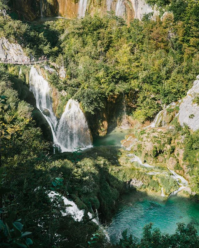 Plitvice Lakes National Park is made by a series of 16 terraced lake beds that flow through each other, forming an infinite number of waterfalls. 
This is the lower lake which has the most dramatic waterfalls, appropriately named Veliki Slap, or Big 