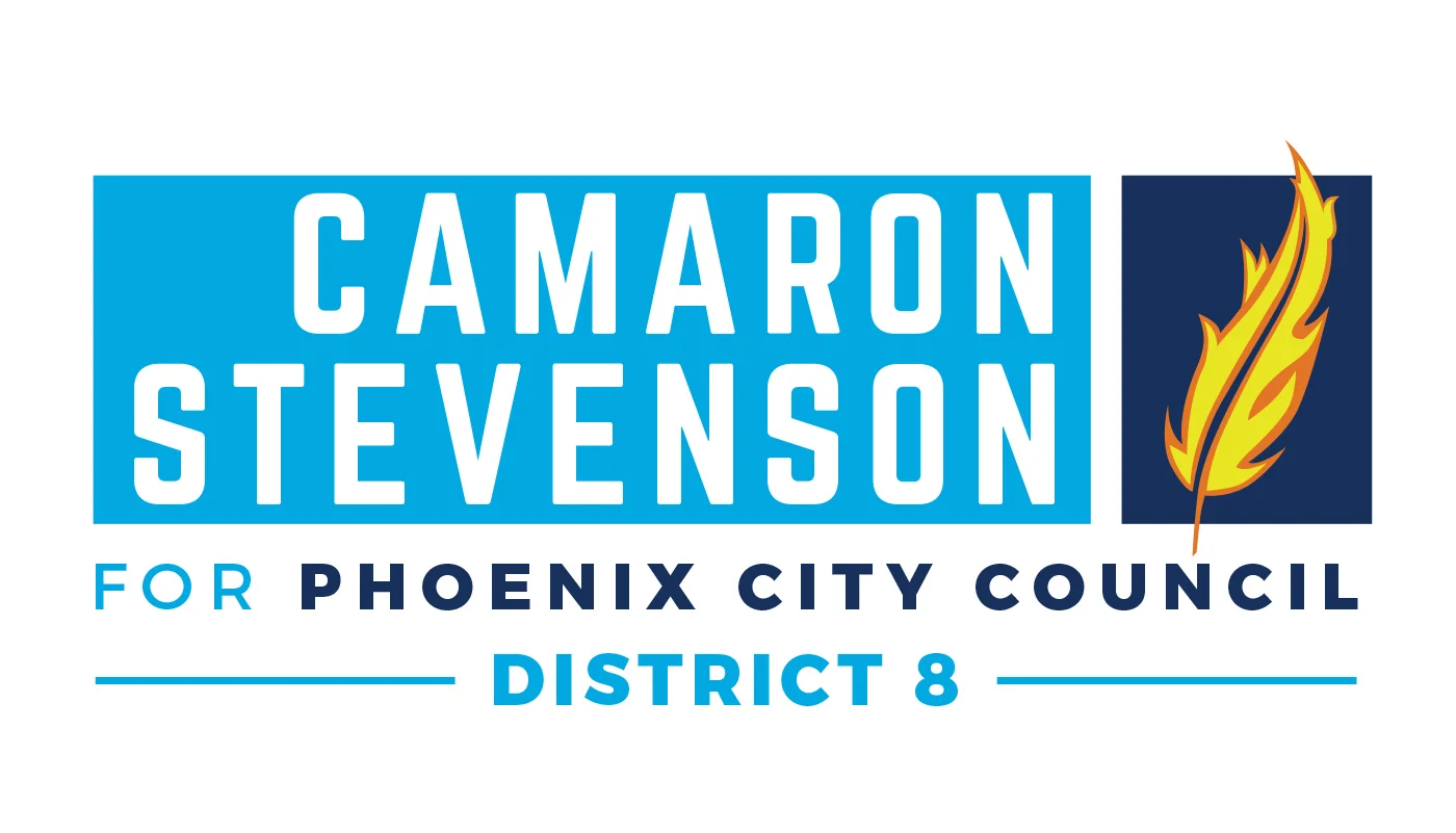 This was the main identity for Camaron Stevenson’s Phoenix City Council bid. We wanted to stay away from the cliched image of a Phoenix bird, but still have it represented in some way. We chose a burning Phoenix feather. Bird imagery has been used b…