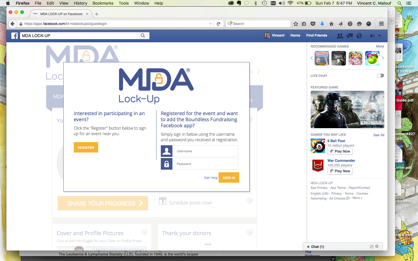 A screenshot of the Boundless Fundraising Facebook app for Muscular Dystrophy Association