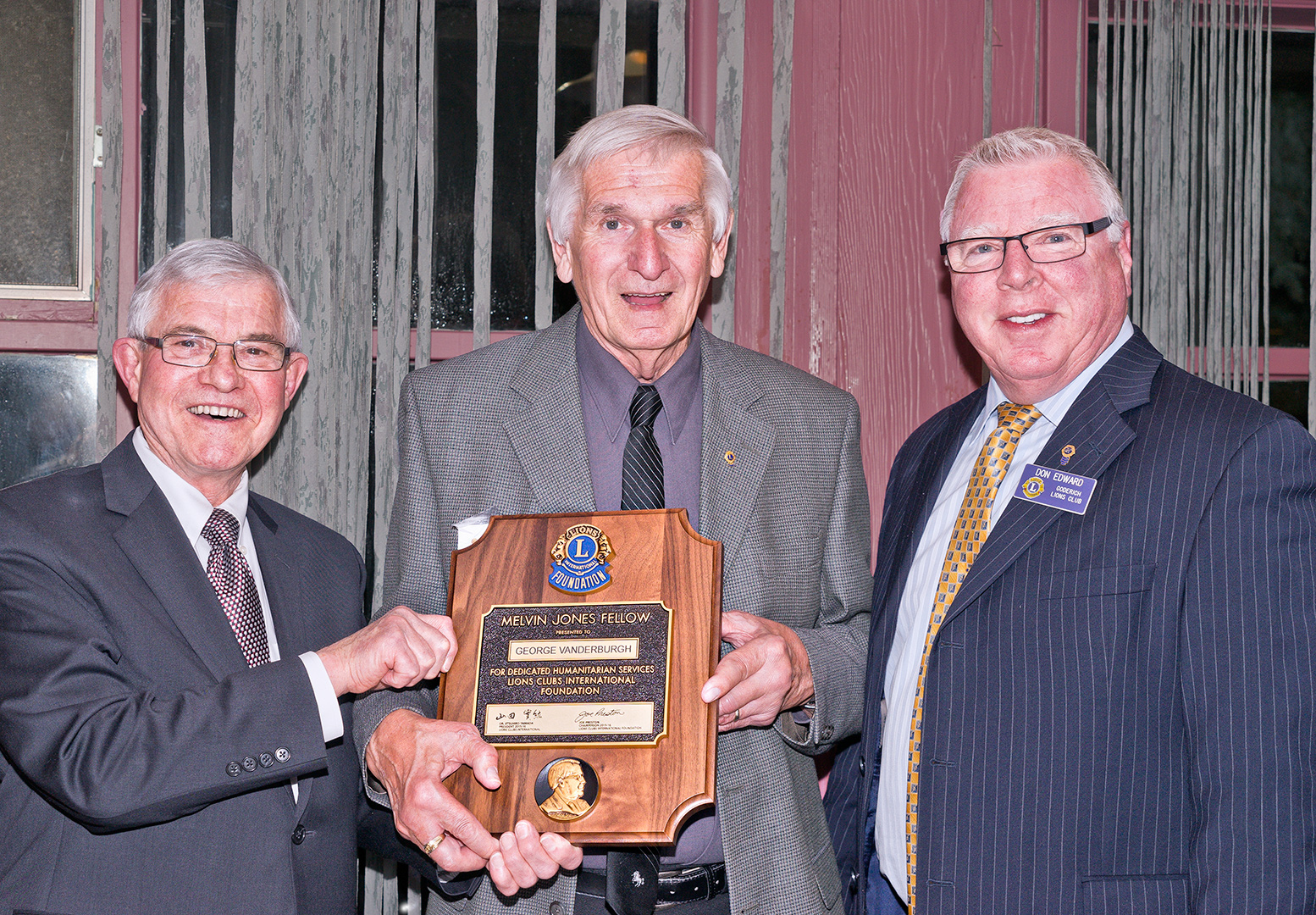 Lion President Bob Robson and Lion Don Edward present Lion George Vanderburgh with his Melvin Jones Fellowship Award. Lion Georgewas honoured for his untiring hard work over the past 16 years as a member of the Goderich Lions club. He is a past president of the Goderich Lions Club (2007-08) and has been on numerous committees. His contribution to the organization of the Taste of Goderich each year, and in particular this year was amazing! The club cleared over $24,000 that evening. George is the type of Lion that we all want on our team, because he never disappoints those who depend on him! When accepting the award, George expressed a big “Thanks” to the several Lions who assisted him in the organization and running of the Taste of Goderich each year, and for this honour they have given him.