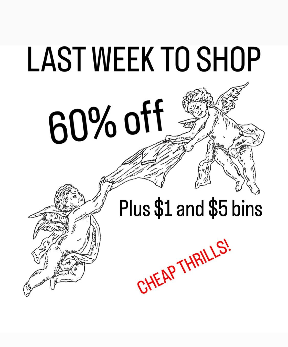 🔥FINAL 5 DAYS 🔥 swing through to dig through a bunch of $1 &amp; $5 bins, plus 60% off the rest of the shop ! Wednesday through Sunday 11-6 🔥
Gift card holders: you MUST use your gift cards in-store this week! They are NOT valid online!
