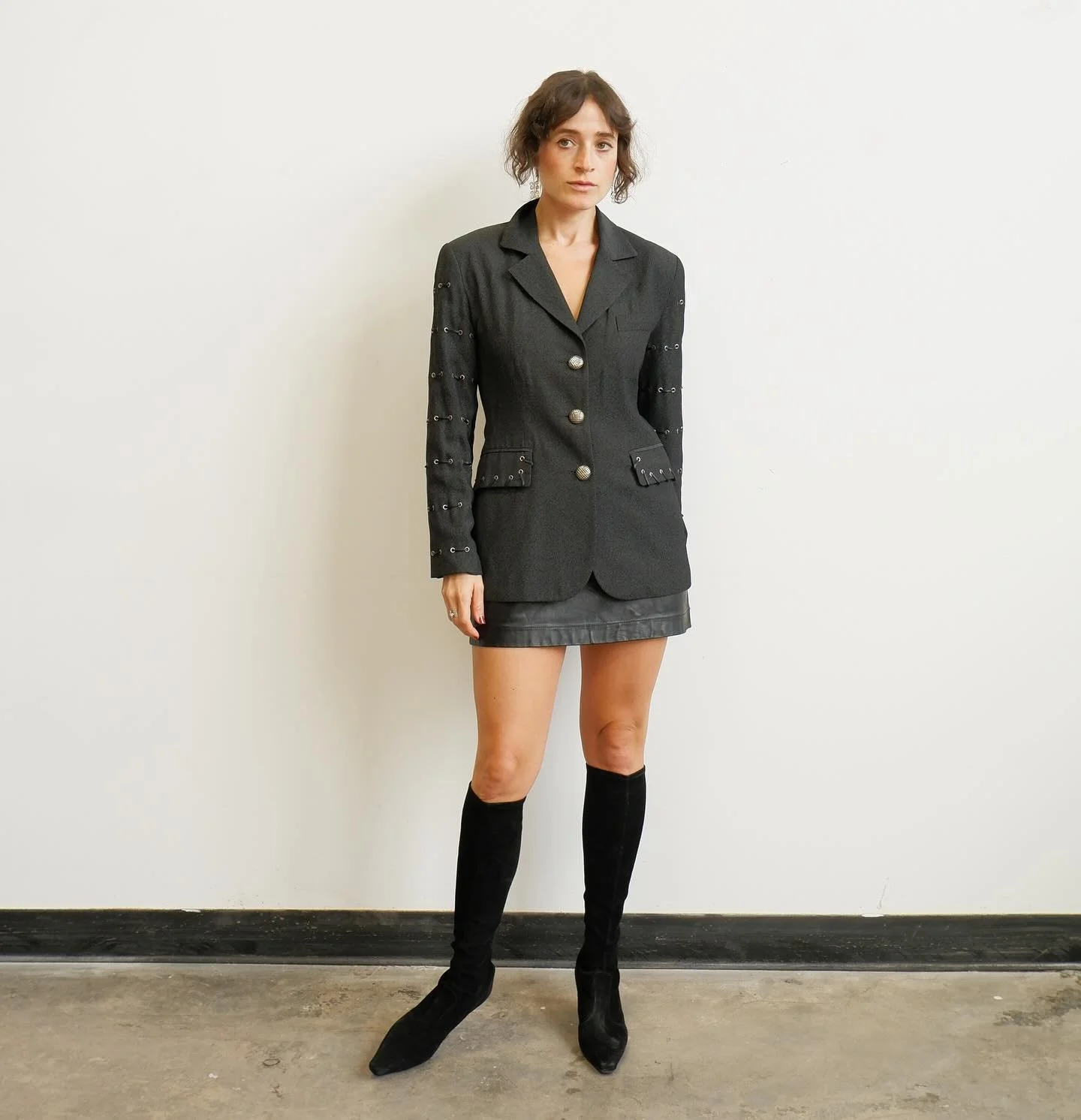 Charcoal grommet blazer + Yohji Yamamoto leather mini skirt both just listed 🆒