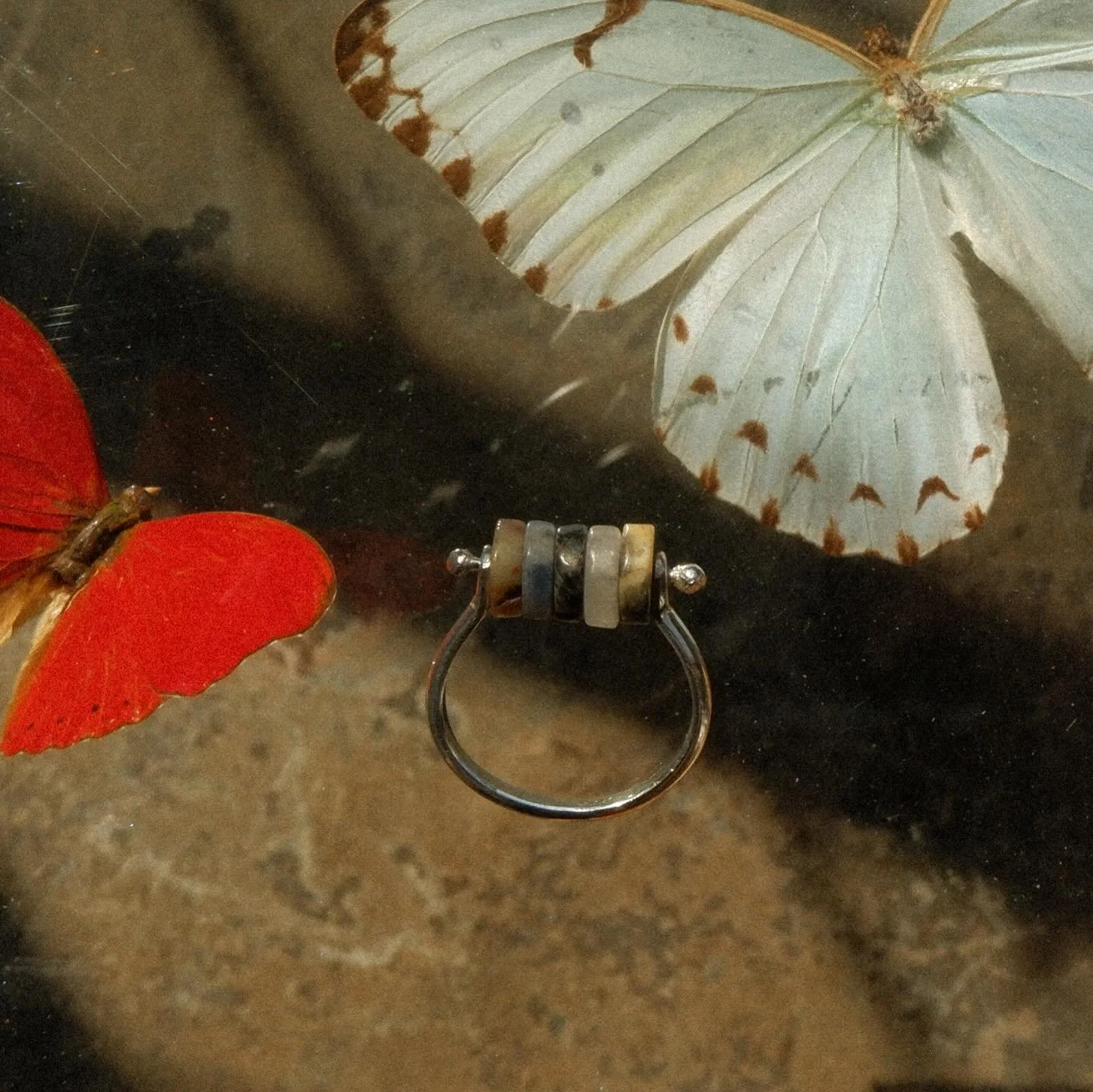 Revolving jasper ring &bull; bone chain necklace &bull; chain drop earrings &bull; all handmade, all sterling silver 🦋 find em on my website now 🦋