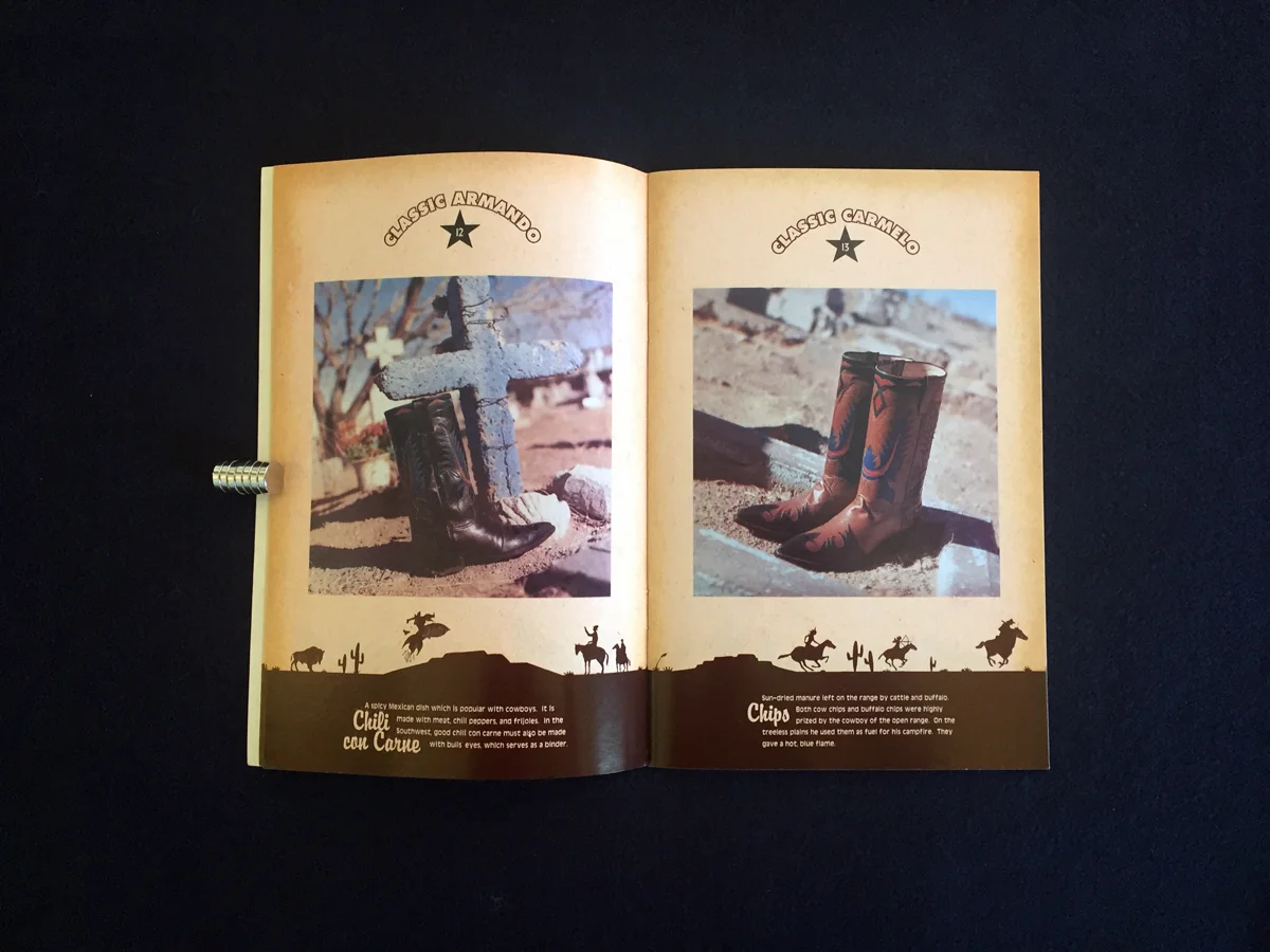 Sample spread with original art spanning the bottom acting as a “visual container” for the N-cowboy-pedia entries. 