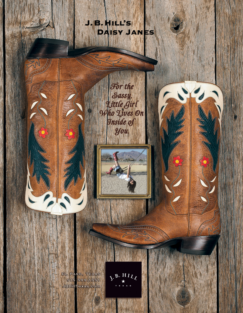 I wanted to tap into that little girl in women with these boots so I photographed my daughter Annabeth on a swing with boots on just having the time of her life. I was told a woman in the banking industry saw the ad and called JBHill for a pair because the photograph reminded her of herself as a child. Mission accomplished. Photography Lencho Guerra