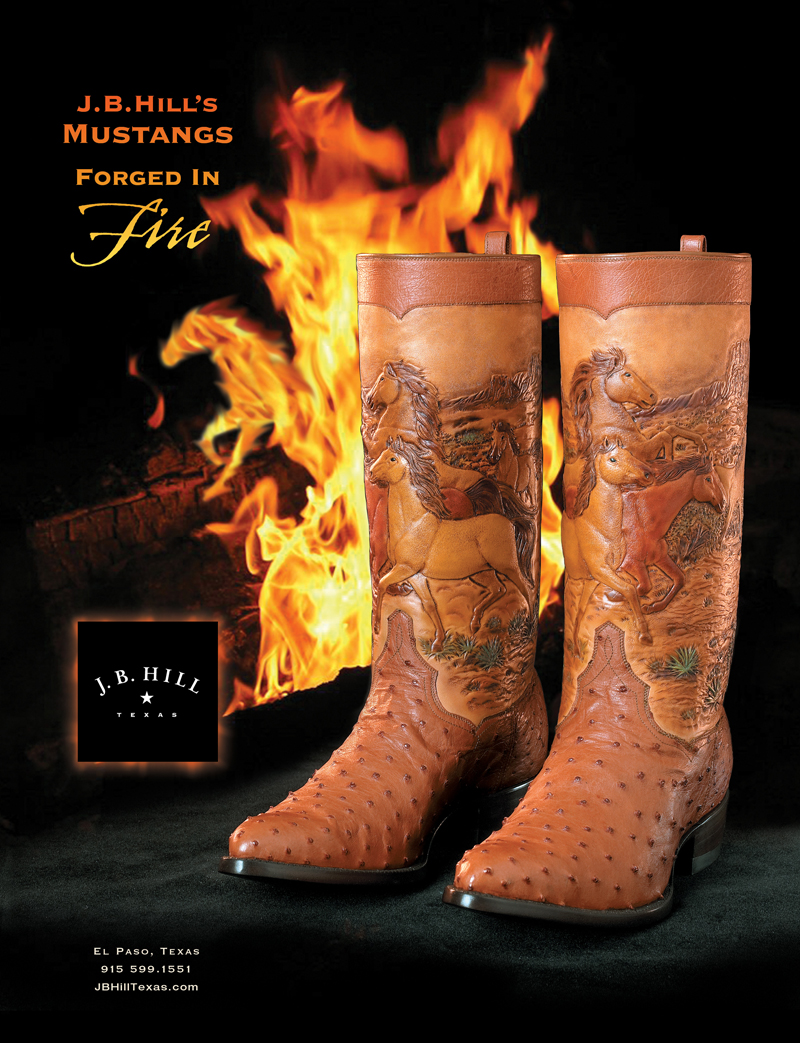 After seeing these boots, I came up with the line “Forged in Fire” referring to the incredible amount of skill and hours it took to craft the leatherwork. I used a photograph of a campfire for the background and added an extra visual bonus in the flames...can you find it? Clients love these little extras. Boot Photography Lencho Guerra