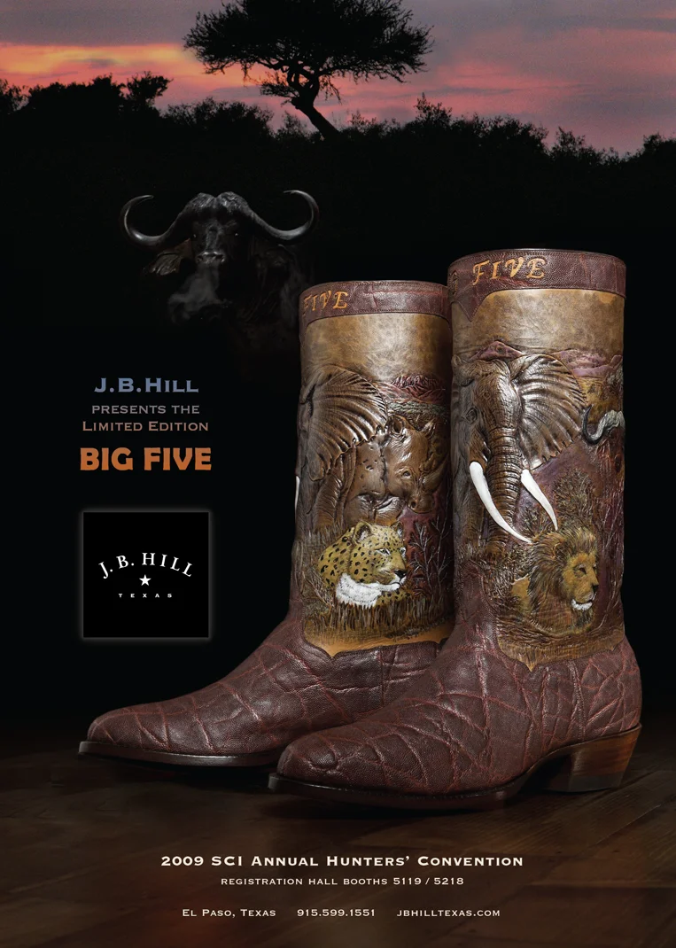 A boot for hunters. Nothing is scarier than a pissed-off water buffalo in Africa. Another work of boot art. Photography Lencho Guerra