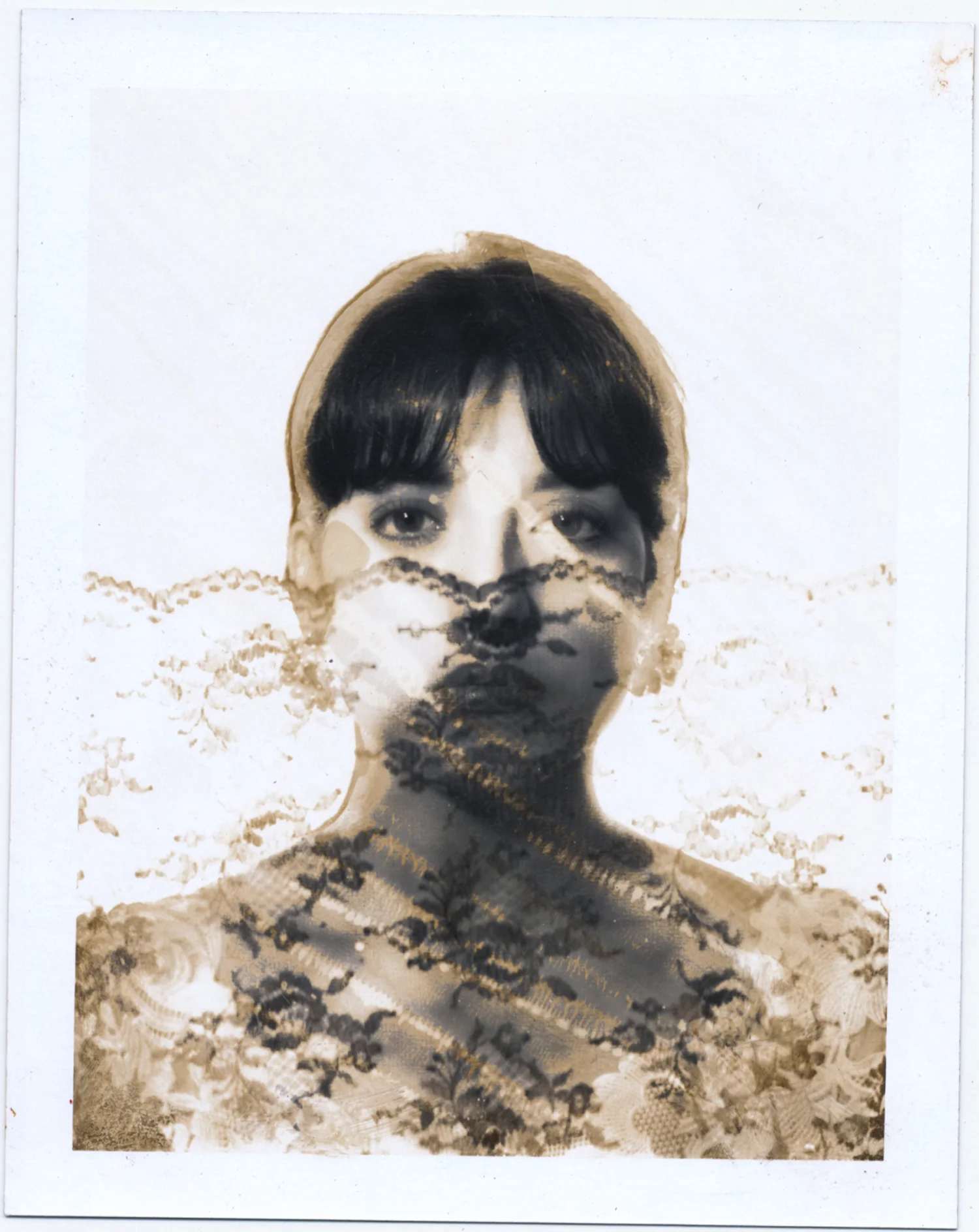 Angelica Hiding Behind Lace4x5 Polaroid test print.  © Jud Burgess  1989