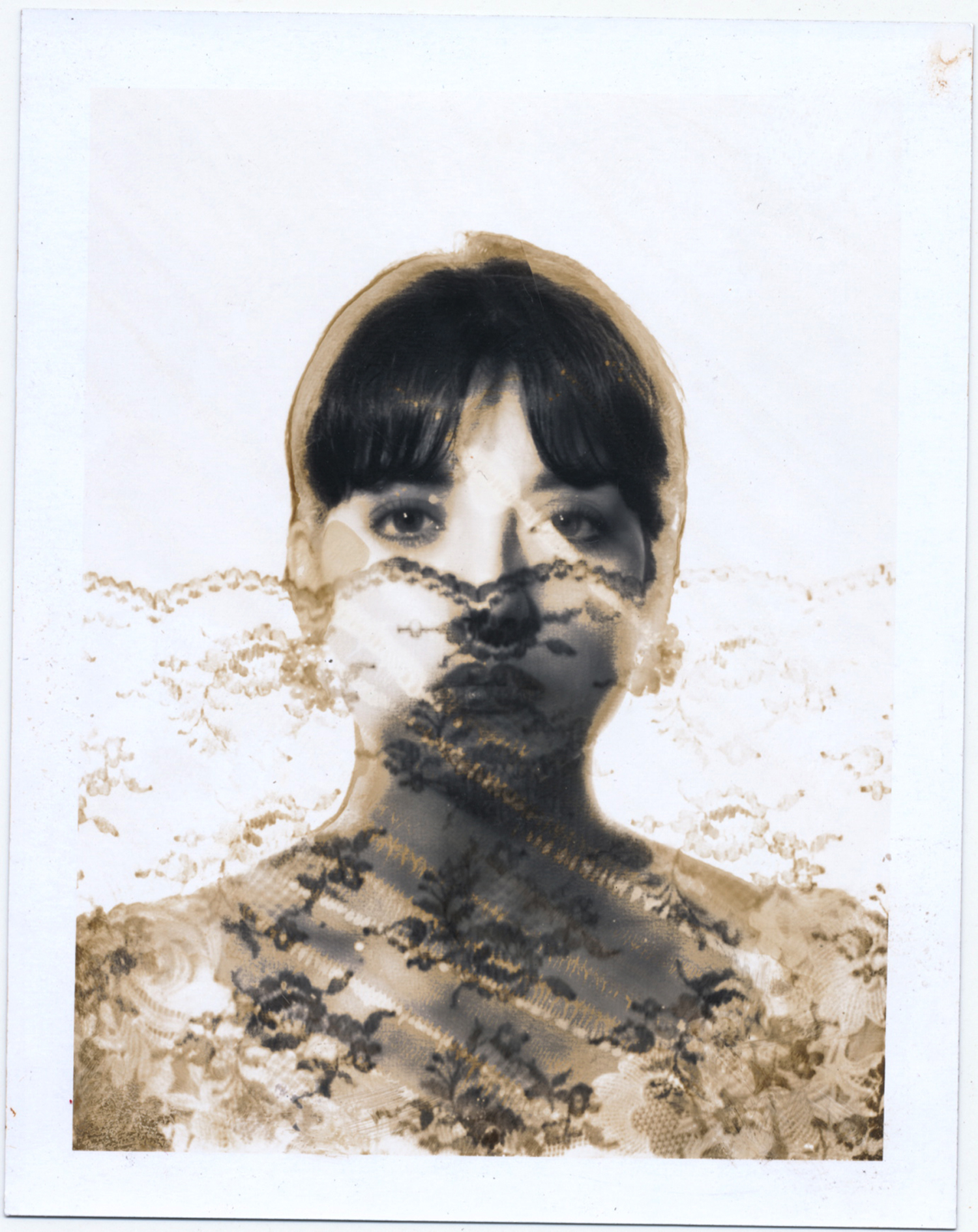 Angelica Hiding Behind Lace 4x5 Polaroid test print. © Jud Burgess 1989