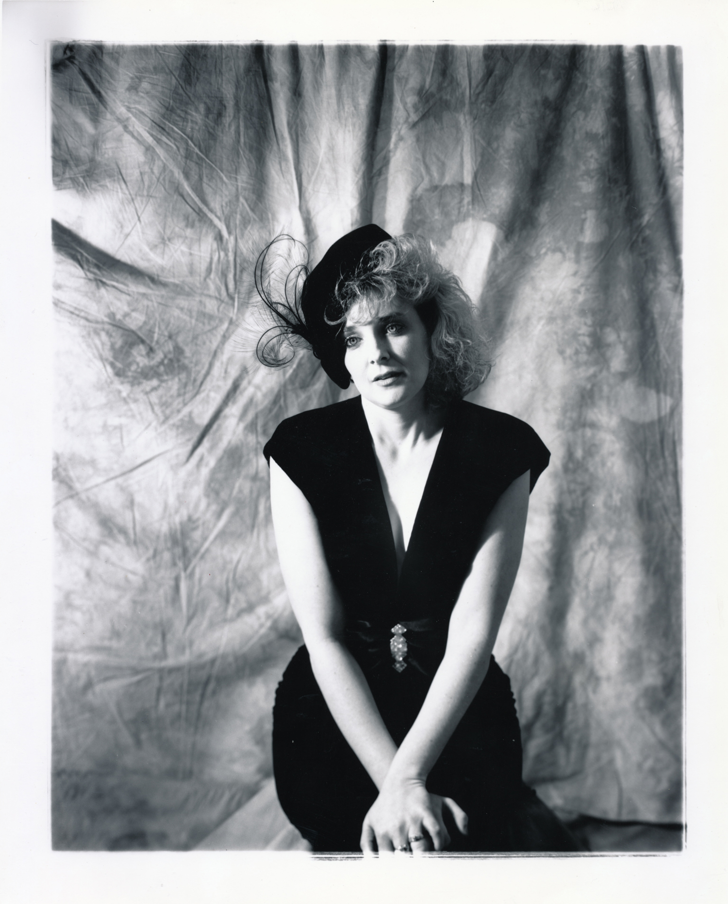 Cindy with Feather Hat 2 4x5 silver print. © Jud Burgess 1990