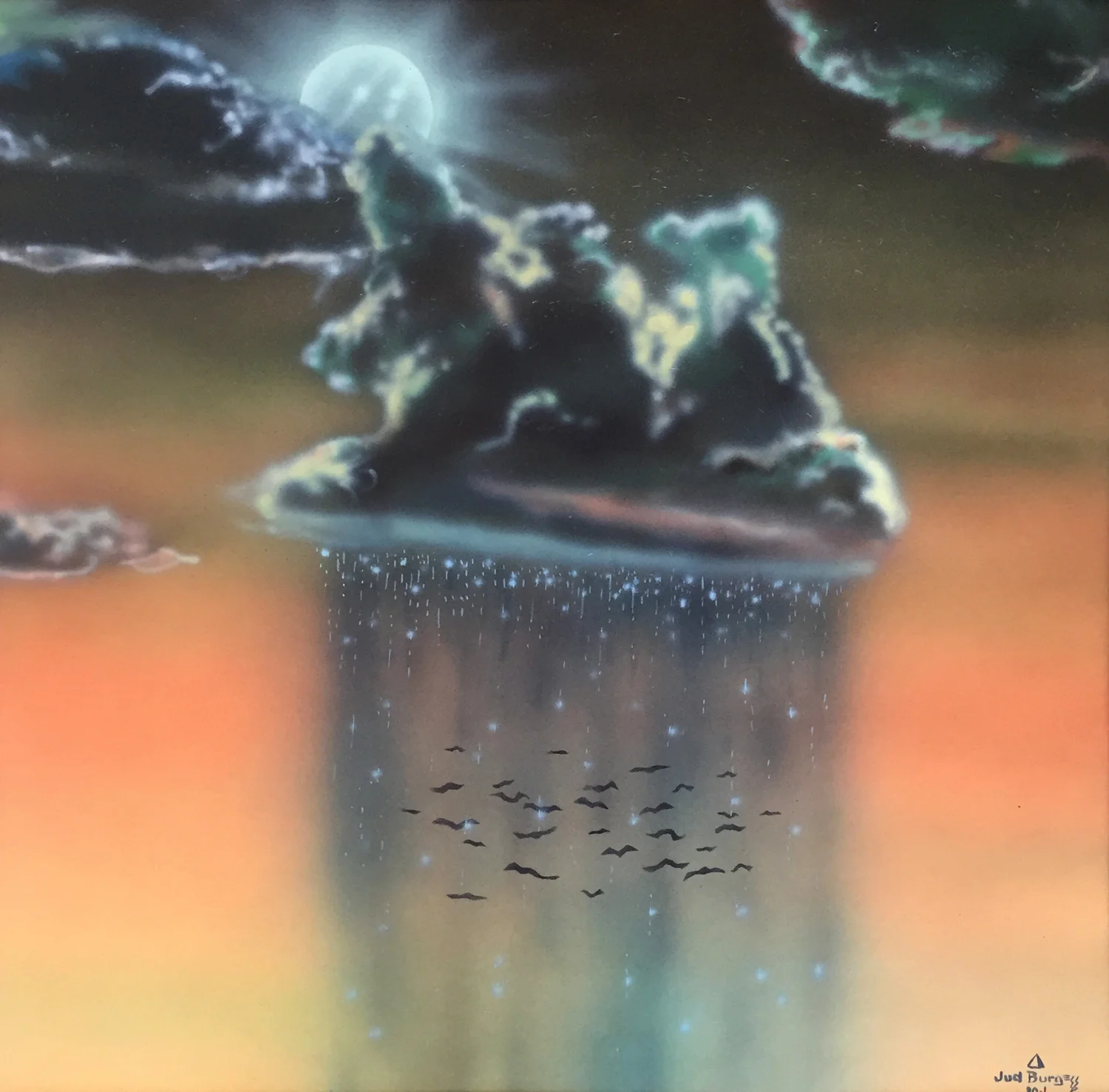 Bat Flight Airbrush enamels on coldpress board © Jud Burgess 1980