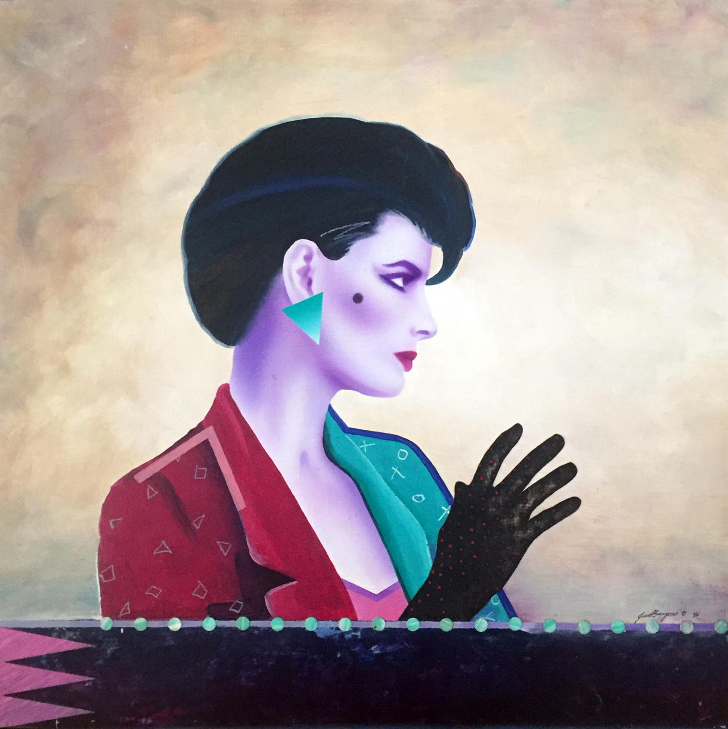 Hello Goodbye Airbrushed acrylics, handpainted oil, applied painted paper, applied xerox on masonite © Jud Burgess 1985