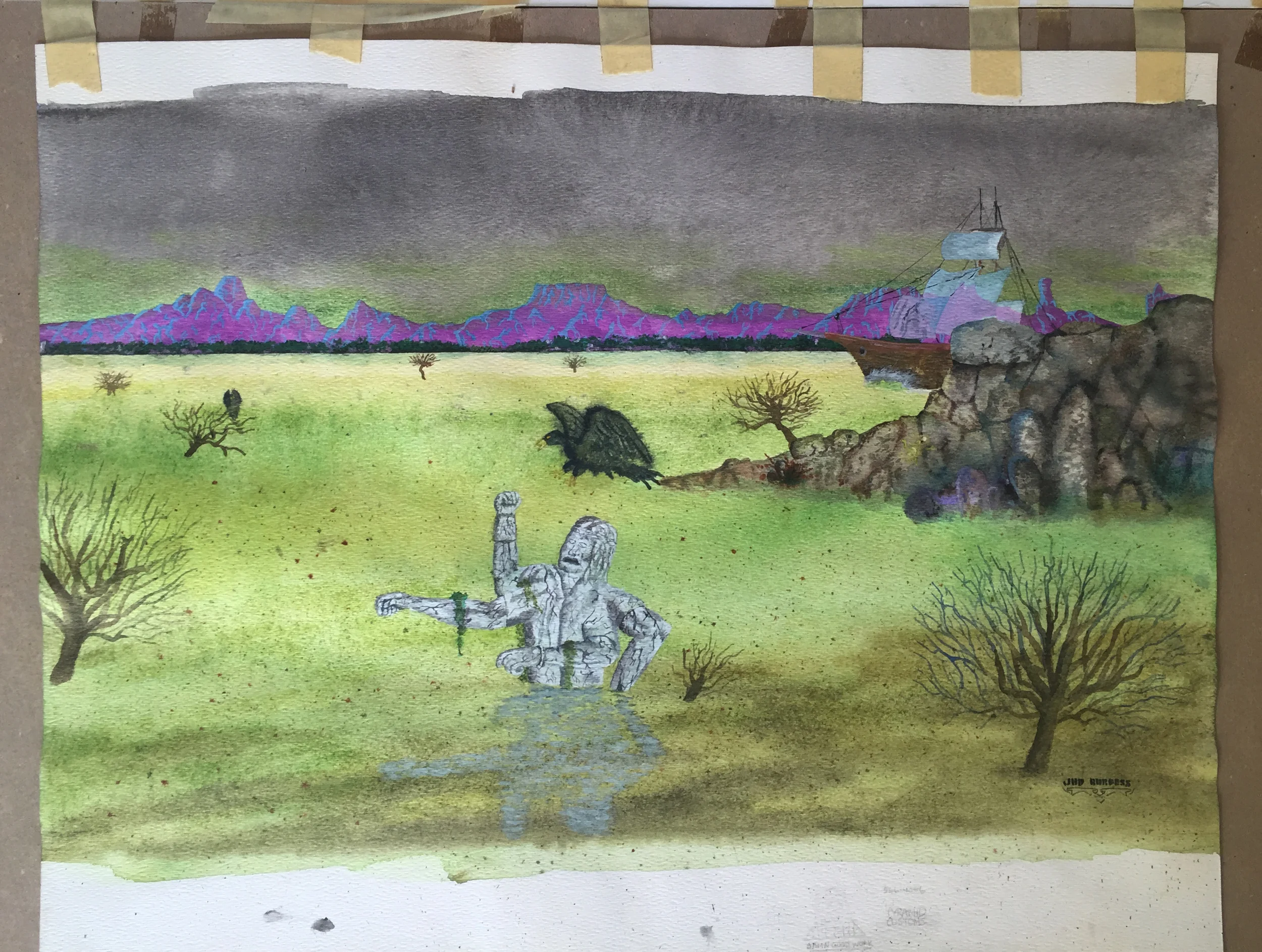 Statue in Bog Watercolor on paper. © Jud Burgess 1978