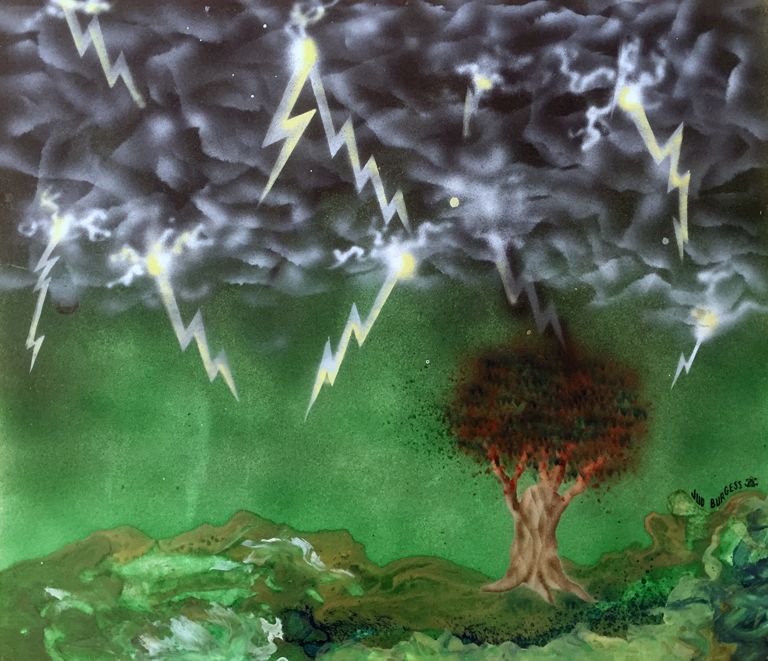 Green Storm Airbrushed oils and direct spraypaint marbling on paper. © Jud Burgess 1978