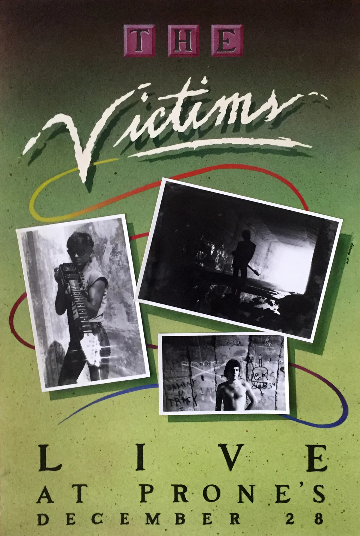 The Victims Airbrushed acrylic, hand-inked lettering and applied photographs on coldpress board. Done in my spare time while at TSTC in Waco, Texas. My brother Roi co-led and played lead guitar for a band named The Victims which later became the locally legendary One Second Zero. I created this “fake poster” and incorporated some photography I shot of Roi and him of me. It won Best of Show at the Addies in Waco. © Jud Burgess 1984