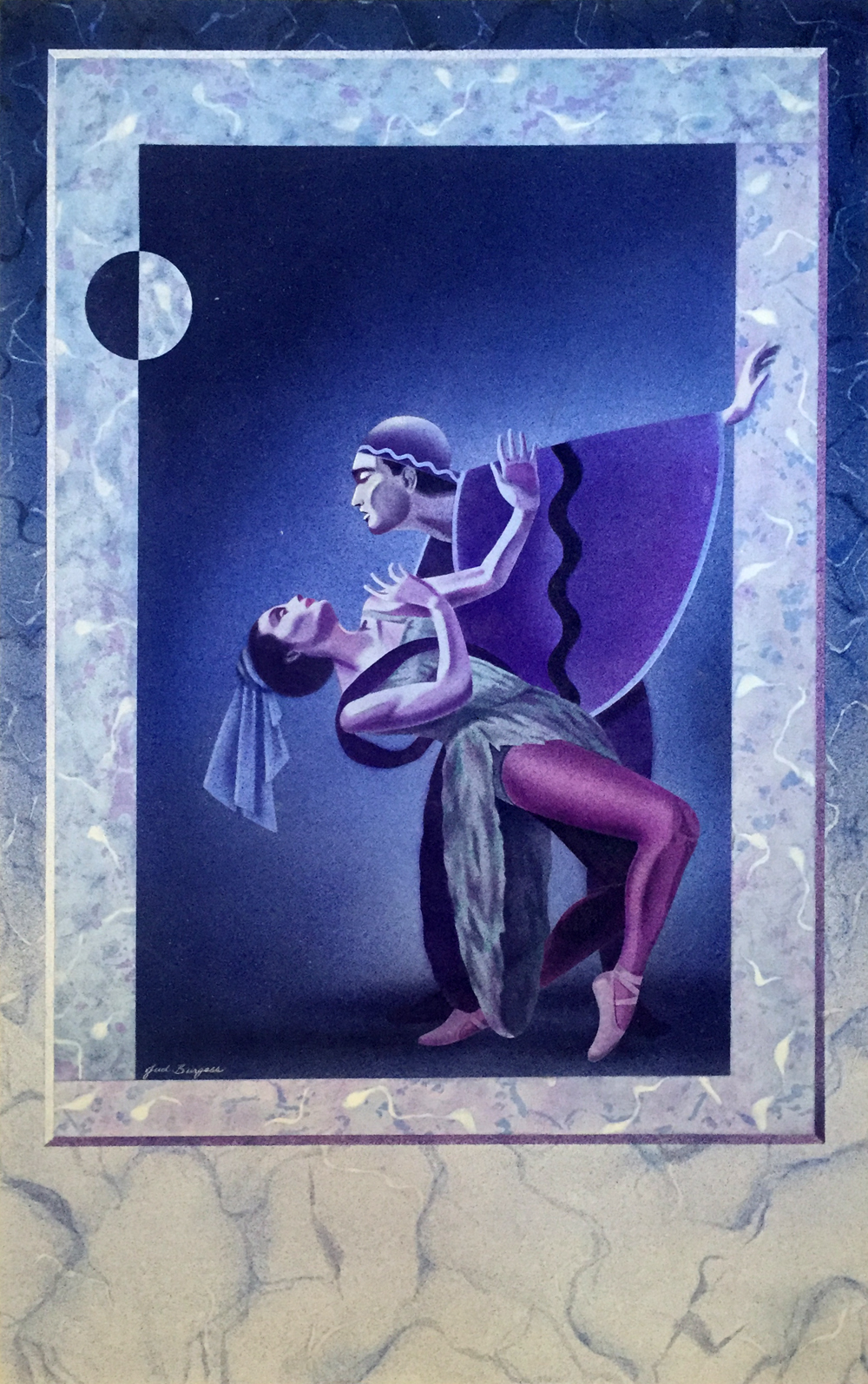 Ballet Dancers Airbrushed acrylics on masonite. I experimented using my airbrush at low pressure to get a thick stipple effect, something I hadn't seen other airbrush artists do. After completing the painting, I sold the idea of creating a poster celebrating the 25th Anniversary of The Ballet of the Americas to the organization. I designed the poster and invitation for them and it won a silver addy at the local Addys. © Jud Burgess 1986