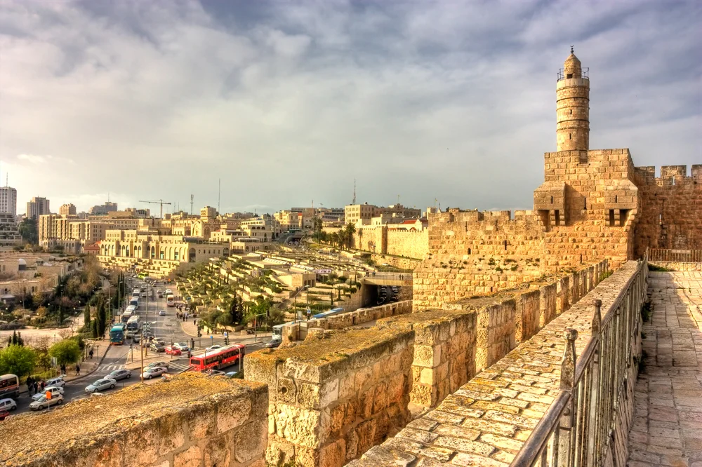 The view from on top of the Wailing Wall, looking out over the Tower of David and Jerusalem
