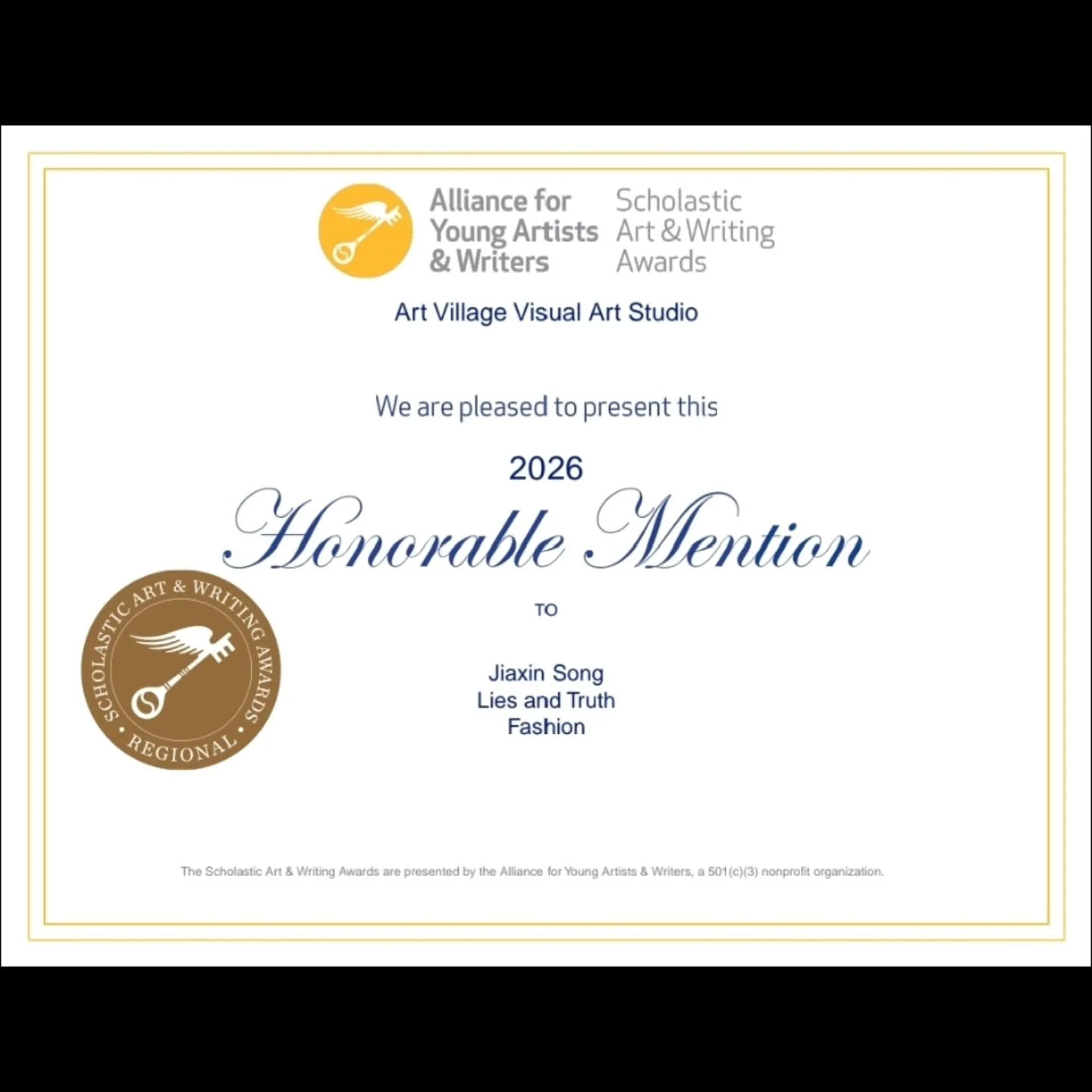 Openstudio Academy of Art and Design 

Big congratulations to Jiaxin Song for earning an Honorable Mention in the Scholastic Art &amp; Writing Awards! Your dedication and creative vision have truly paid off. We are so proud to celebrate this well-des