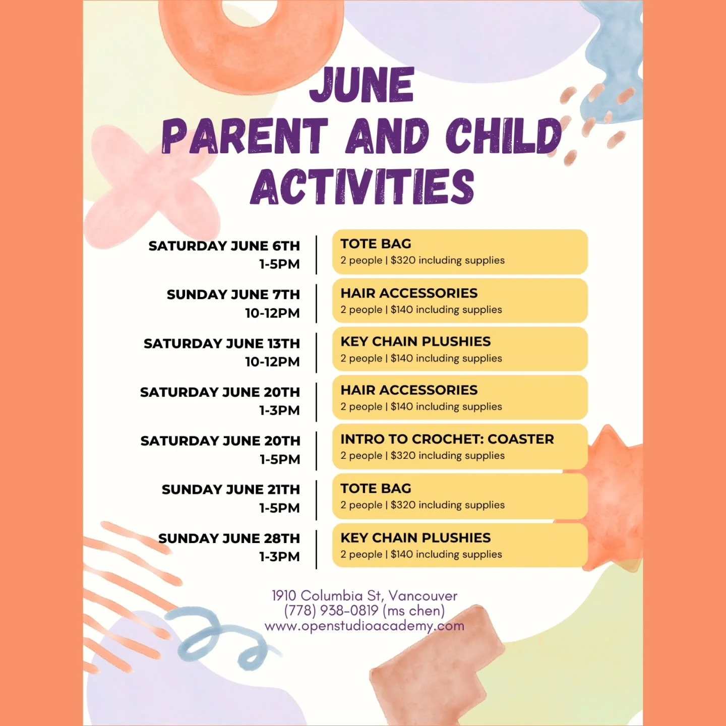 ​🎨 June Parent &amp; Child Activities 🎨

​Looking for a fun, creative way to bond next month? Check out our June lineup! Prices are per pair (2 people) and include all supplies. 🧵✨

​🗓️ Weekend Lineup:

​Saturday, June 6th (1:00 PM &ndash; 5:00 P
