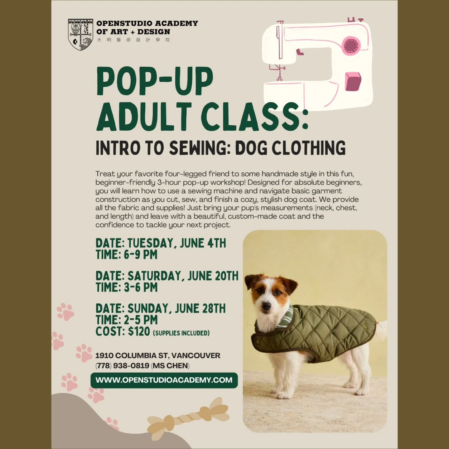 We&rsquo;re hosting a brand-new Pop-Up Adult Class: Intro to Sewing (Dog Clothing Edition) at Openstudio Academy. If you&rsquo;ve always wanted to learn how to use a sewing machine, this is the perfect, beginner-friendly 3-hour workshop to get you st