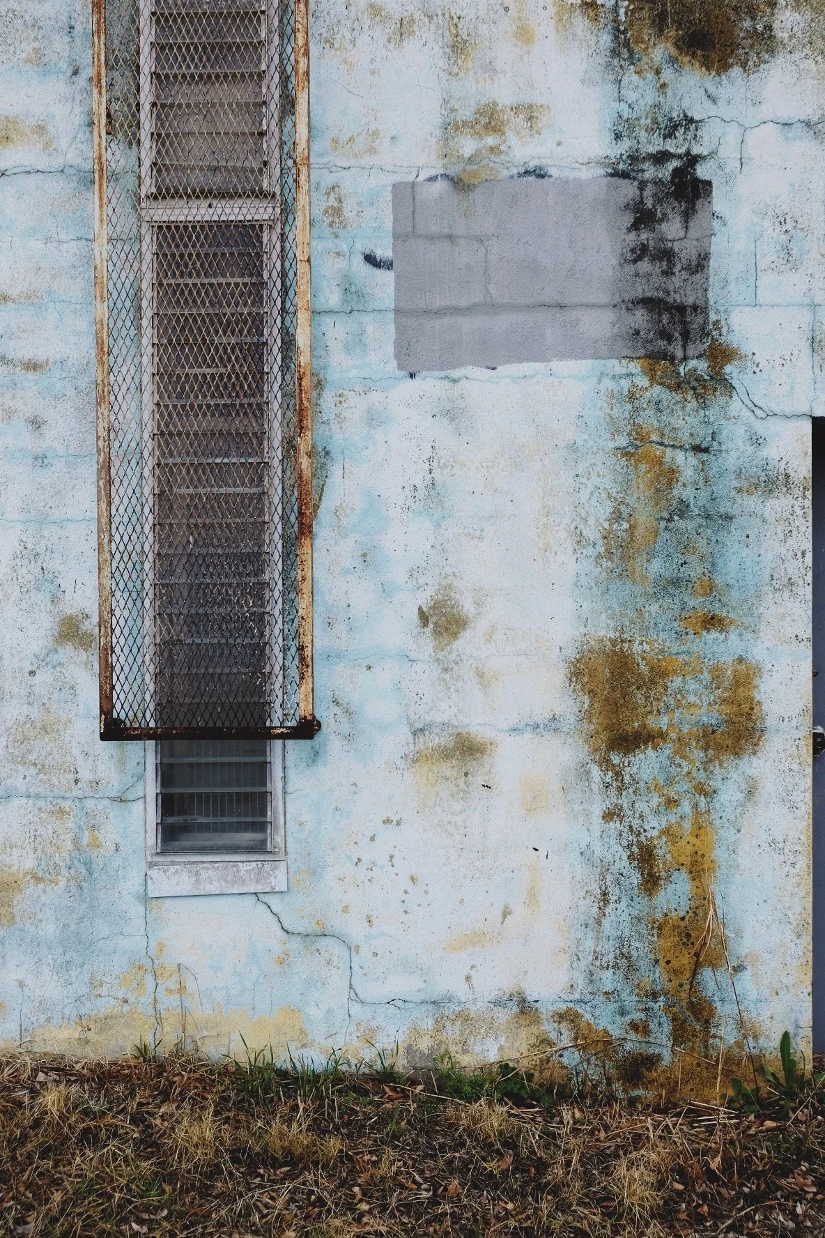 A weathered white wall with peeling paint, cracks, and black mold. A narrow window with a rusted metal security grate and closed ventilation shutters is visible. Some grass and dry leaves grow at the base of the wall.