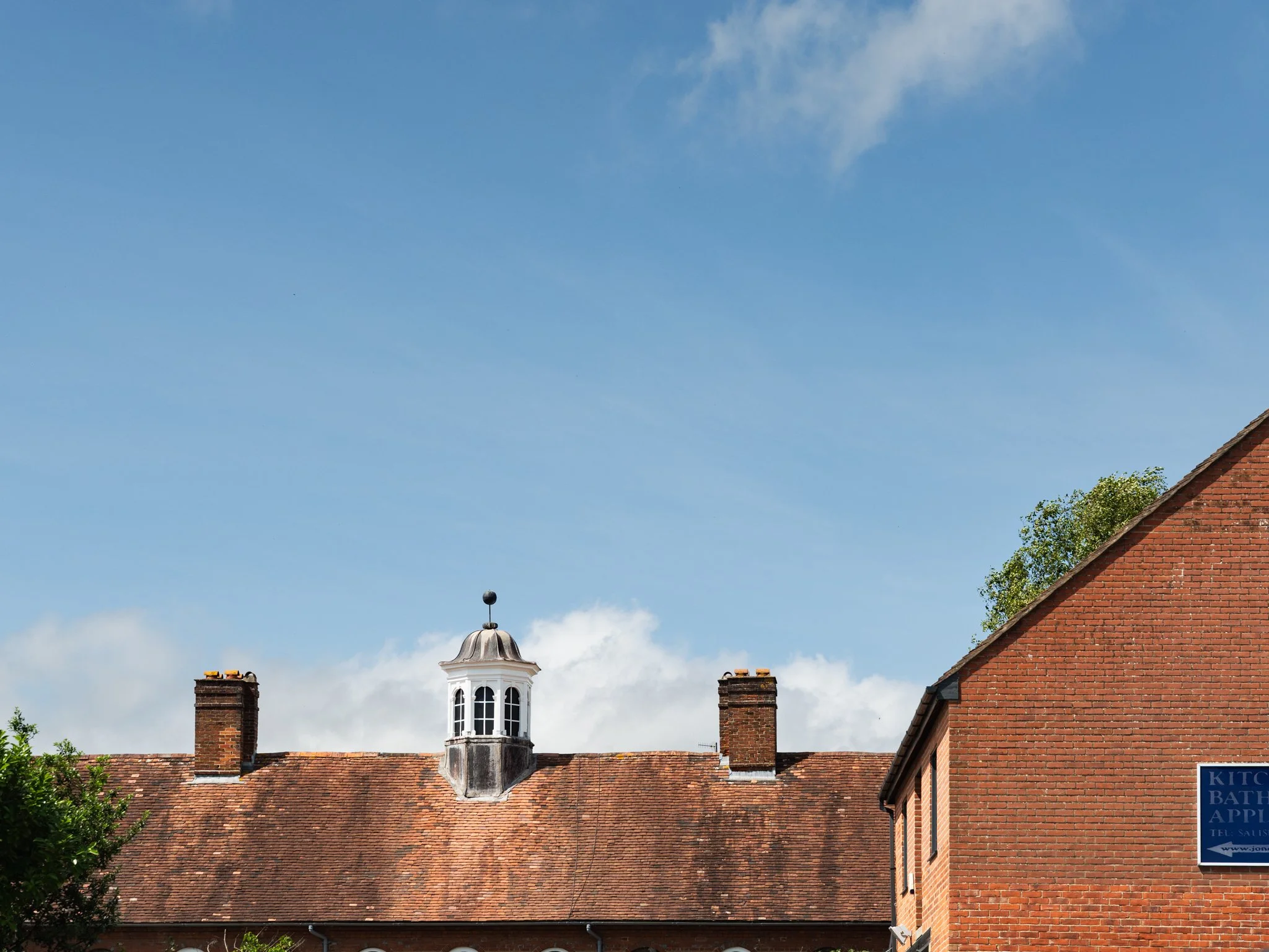View of rooftops of brick buildings under a blue sky with a few clouds, featuring chimney stacks and a white tower with a dome, and greenery in the foreground.