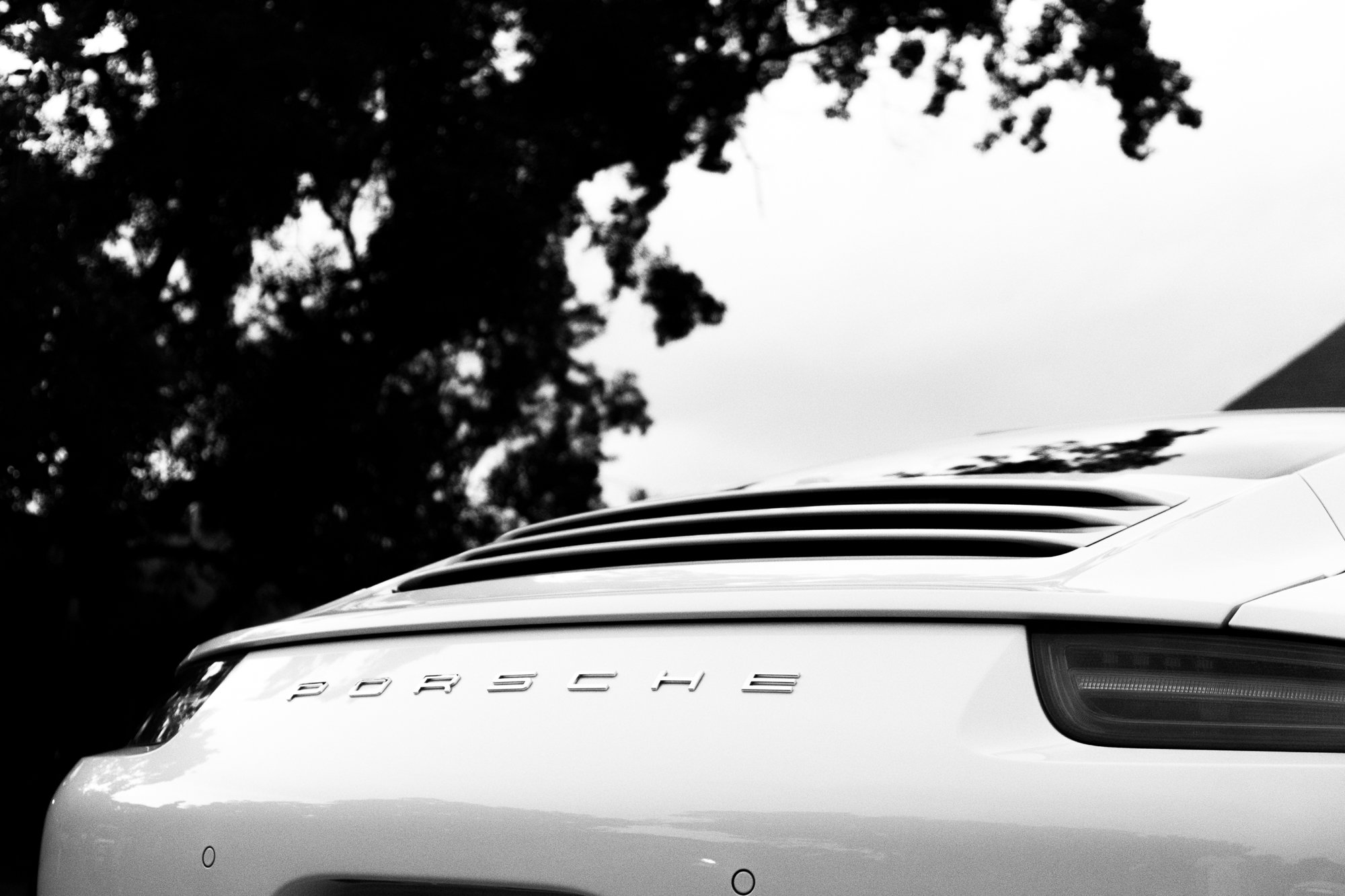 Close-up of the rear of a white Porsche car with the brand logo visible, set against a background of trees and overcast sky.