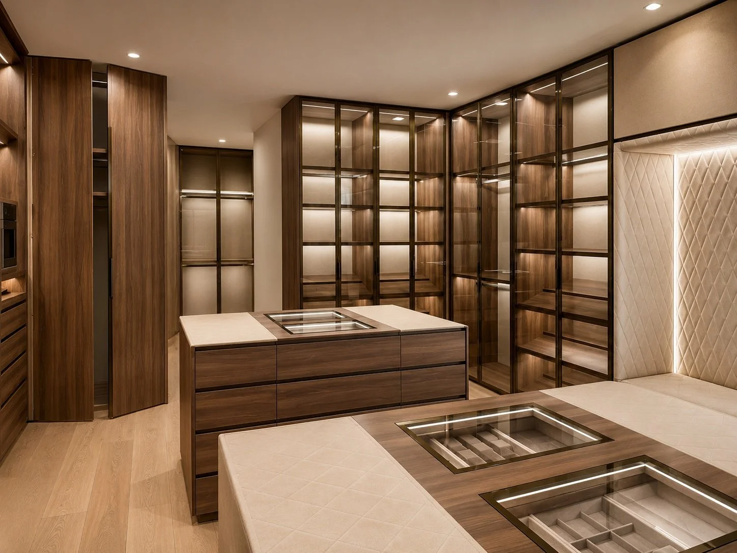 Custom closet and storage system with glass doors, integrated lighting, island drawers, and contemporary finish execution by UCON Contemporary Interiors.