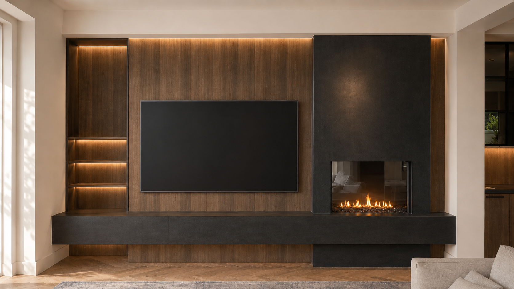 Contemporary media wall and built-in fireplace execution by UCON Contemporary Interiors in San Diego County.