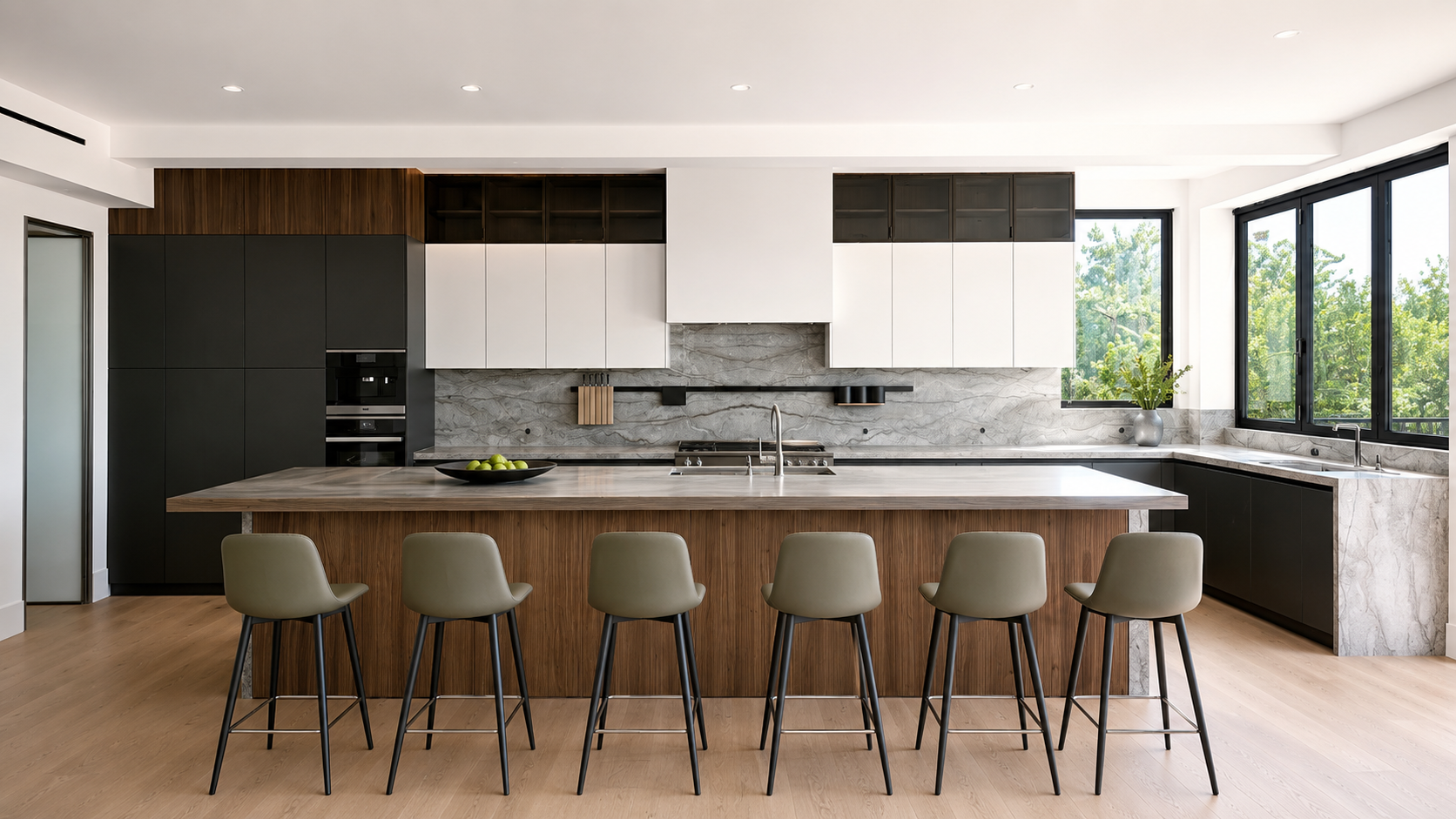 European kitchen cabinetry integration with island, integrated appliances, panel alignment, and contemporary finish execution by UCON Contemporary Interiors in San Diego County.