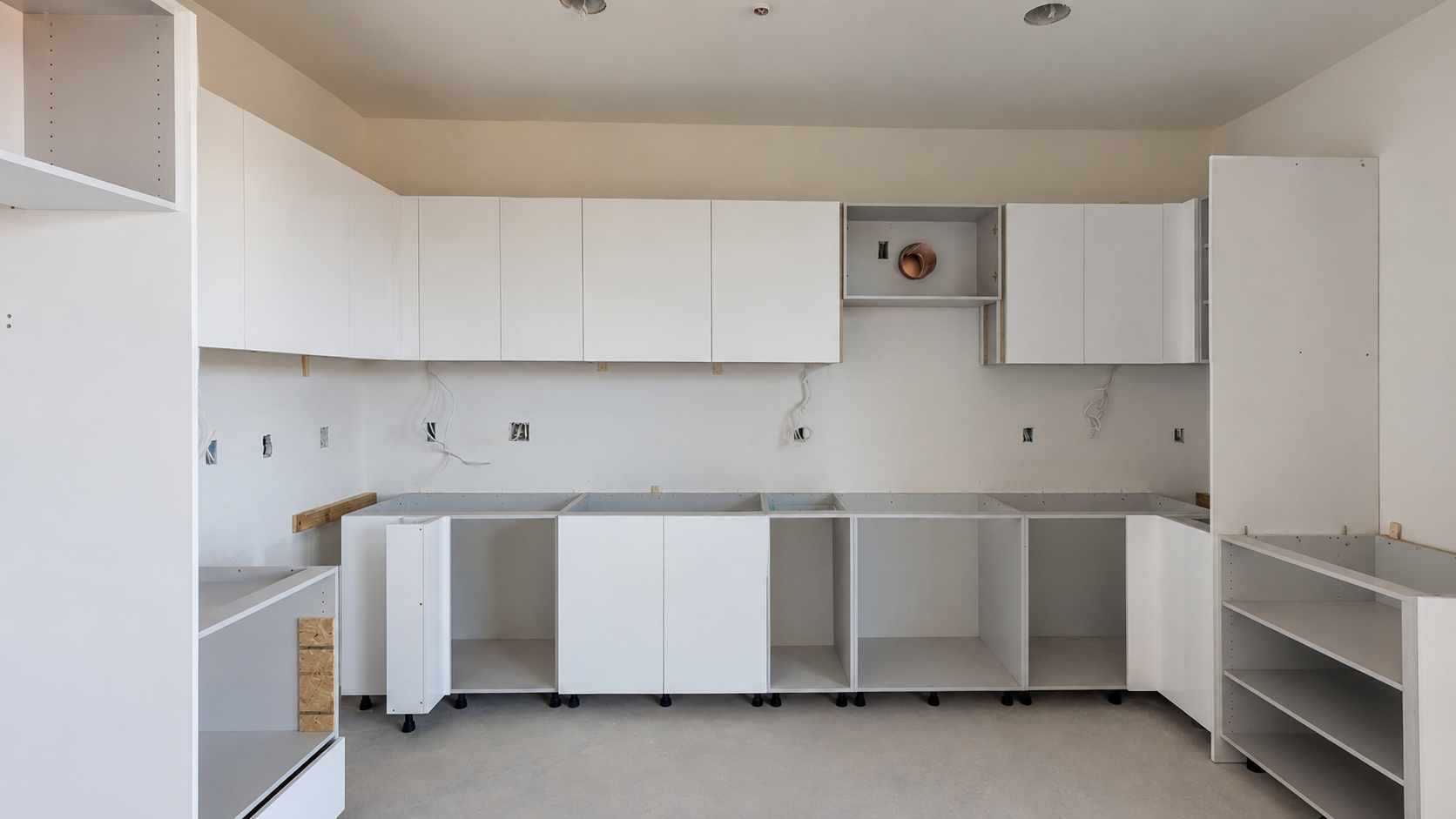 Cabinetry installation in progress in another Cantera residence, showing a different unit configuration before countertops and appliances.