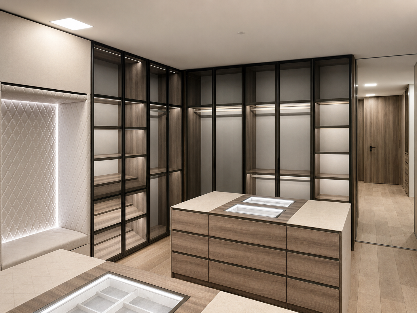 Completed custom closet and storage system with glass doors, island drawers, shelving, integrated lighting, and contemporary finish execution by UCON Contemporary Interiors.