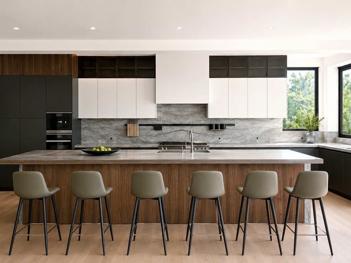 European kitchen cabinetry integration with island, integrated appliances, panel alignment, and contemporary finish execution by UCON Contemporary Interiors in Orange County.