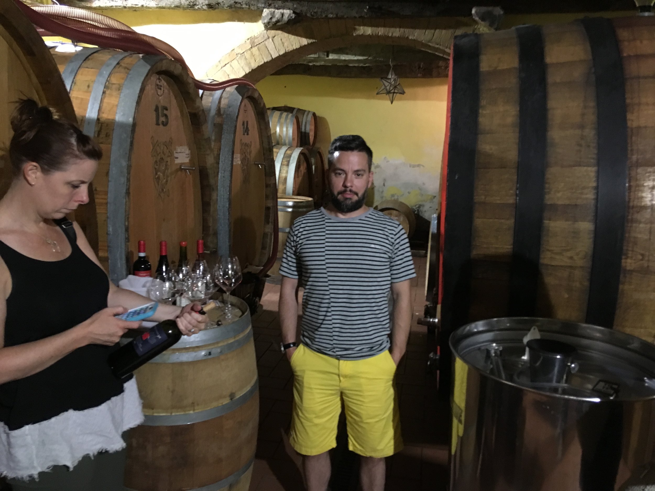 Sarah and Geoff in the aging room at Fonterenza