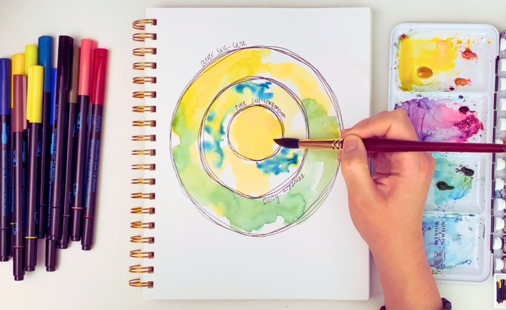 Handpainting watercolor compassion circles in spiral-bound sketchbook, representing mindful art, emotional healing, and creative meditation practices.