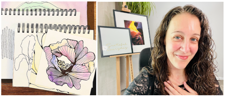 Cynthia smiling in an art studio beside sketchbooks featuring delicate flower art and mindful art exercises, promoting wellness and emotional balance