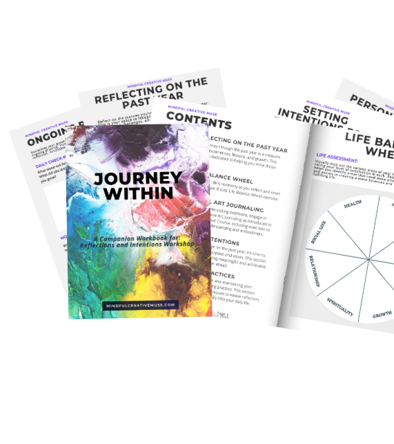 Image shows the Reflections and Intentions Workbook, "Journey Within, and some of its pages that showcase its unique and mindful insights for the year.
