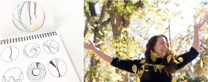 Cynthia joyfully throwing autumn leaves with creative sketches of circles and curves in notebook for mindful art inspiration.