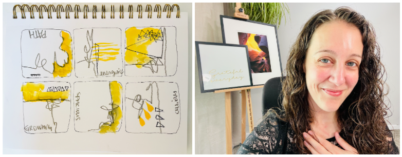 Side-by-side image. On the left, a sketchbook page with six abstract mini-drawings each accented with yellow watercolor and labeled with "path", "growing", "spacious", "curiosity". On the right, Cynthia smiles warmly with her hand over her heart.