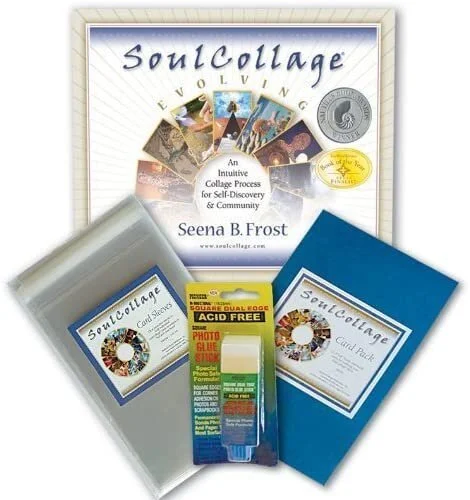 Image shows the SoulCollage Evolving kit by Seena B. Frost with framed instruction book, photo sleeves, acid-free glue stick, and blue folder materials