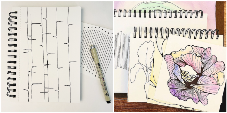 Left: A white spiral-bound sketchbook features practice drawings of vertical lines and hatching exercises. Right: A sketchbook displays a detailed botanical illustration of a pink and purple flower with intricate line work and shading.
